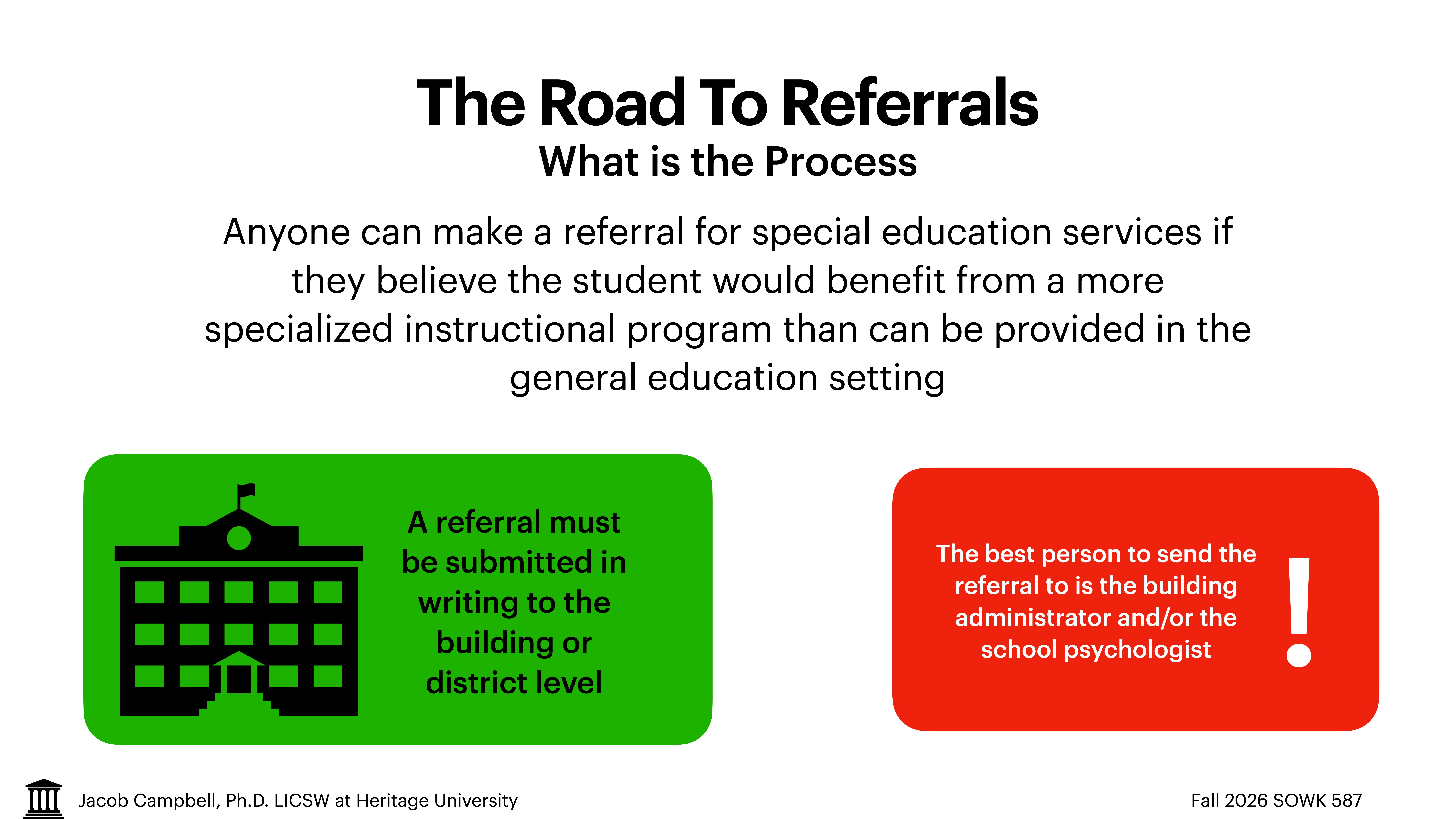 A slide titled 'The Road To Referrals' explains the process of referring students for special education. Text in green and red boxes highlights submitting referrals in writing and the preferred contact as school administrators or psychologists.