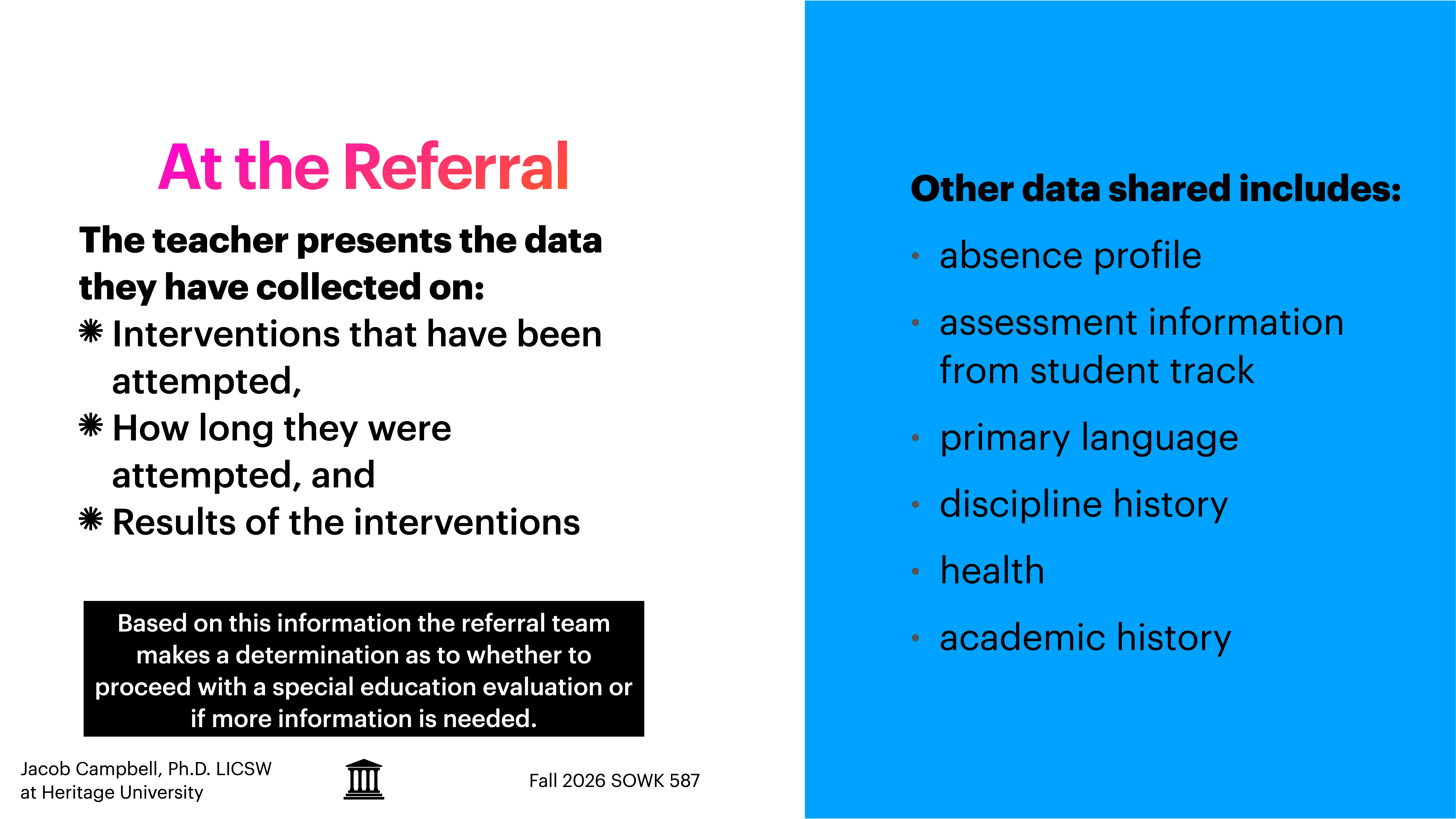 **Object:** Presentation slide  **Action:** Displays referral process  **Context:** Educational environment**Text:**- 'At the Referral: The teacher presents the data they have collected on:  - Interventions that have been attempted,  - How long they were attempted, and  - Results of the interventions.'- 'Based on this, the referral team makes a determination on a special education evaluation.'- 'Other data shared includes:  - Absence profile  - Assessment information from student track  - Primary language  - Discipline history  - Health  - Academic history'Jacob Campbell, Ph.D. at Heritage University, Fall 2026 SOWK 587.