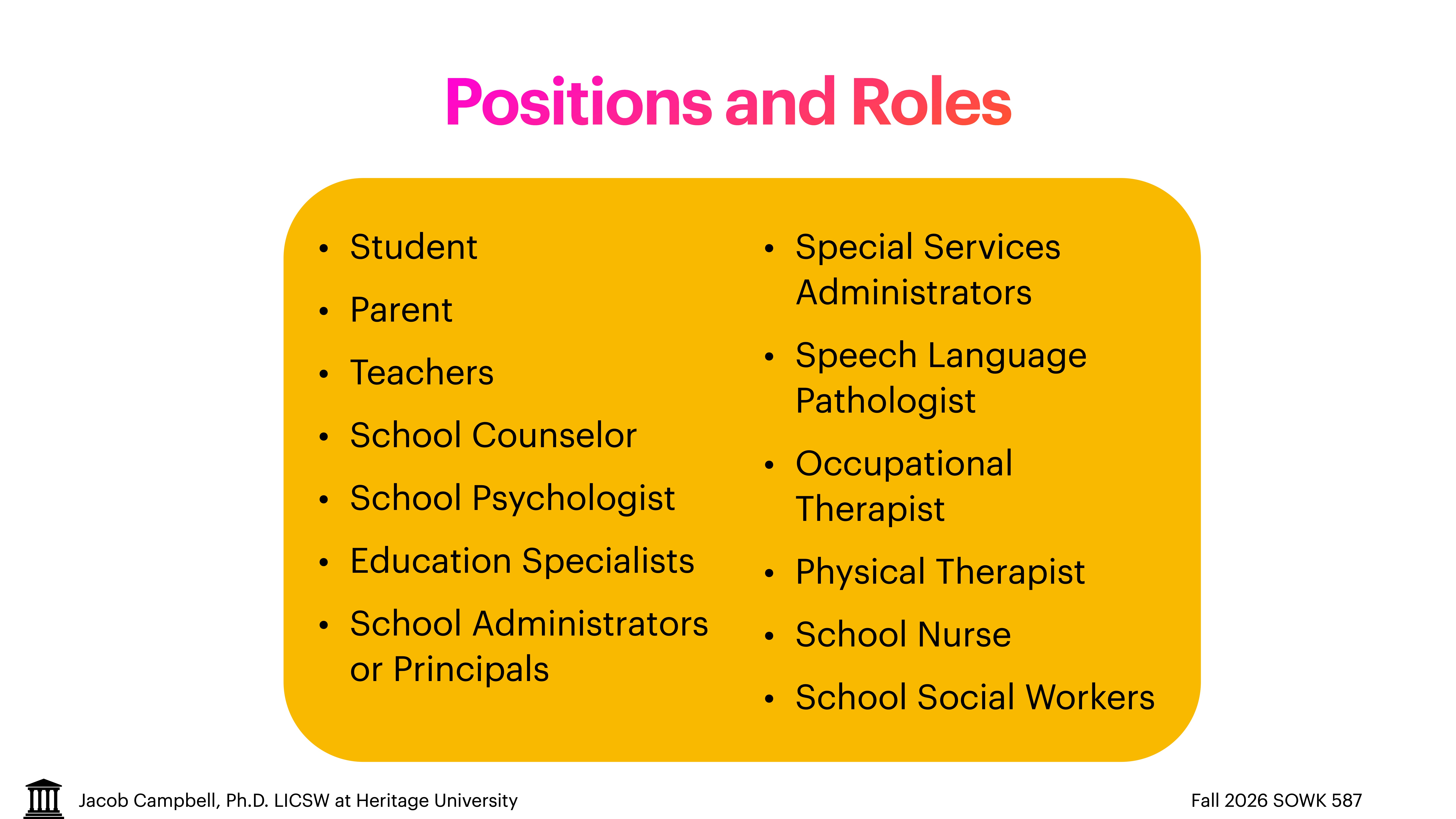 Slide showing a list of educational roles, including Student, Parent, Teachers, School Counselor, School Psychologist, Education Specialists, Administrators, Special Services Administrators, Speech Pathologist, Occupational Therapist, Physical Therapist, Nurse, Social Workers. Title: 'Positions and Roles.'