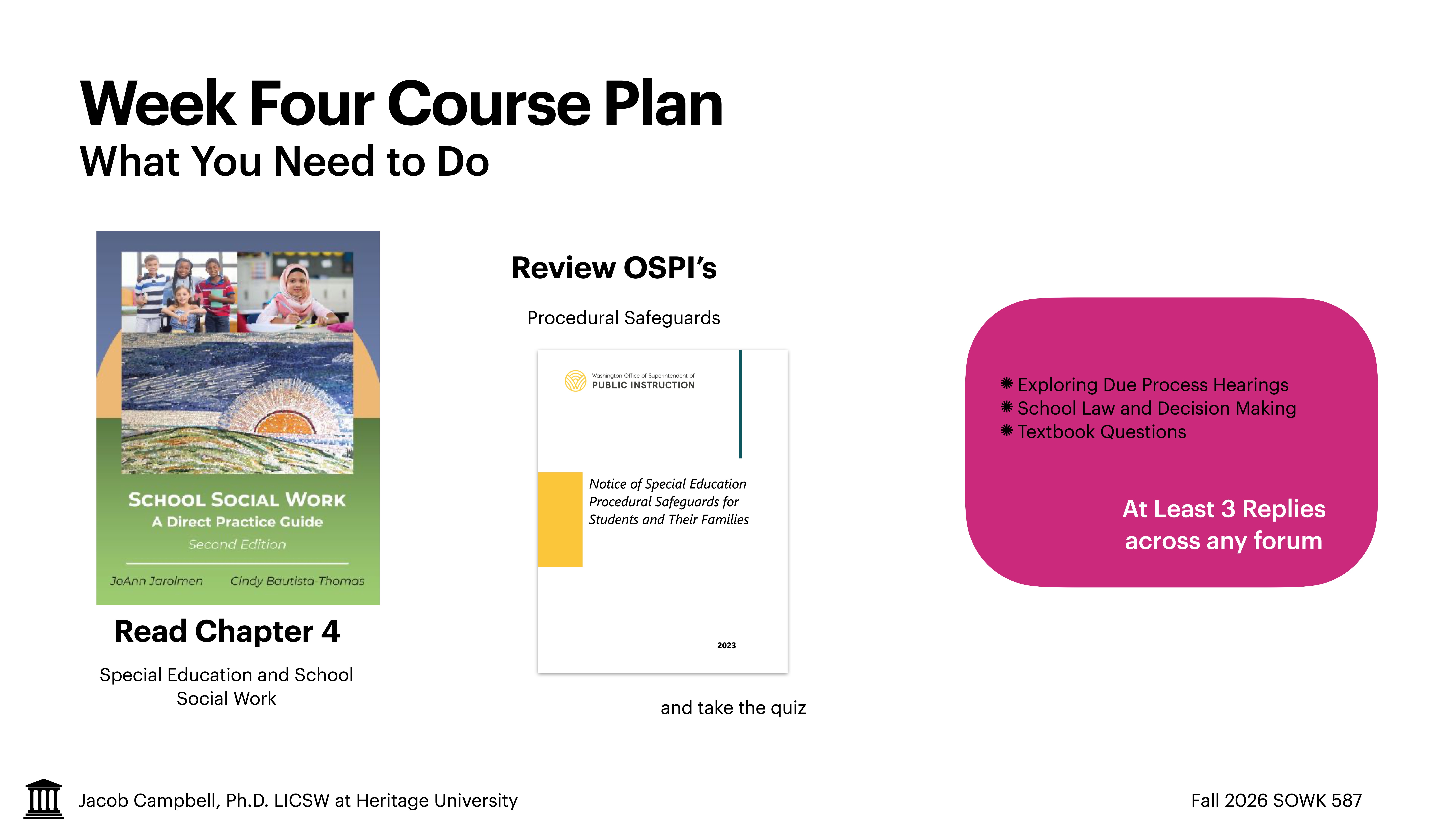 **Object:** Course plan slide  **Action:** Lists requirements  **Context:** Educational presentation  Text includes: 'Week Four Course Plan: What You Need to Do,' instructions to 'Read Chapter 4' on special education, 'Review OSPI's Procedural Safeguards,' and make 'At Least 3 Replies across any forum.'
