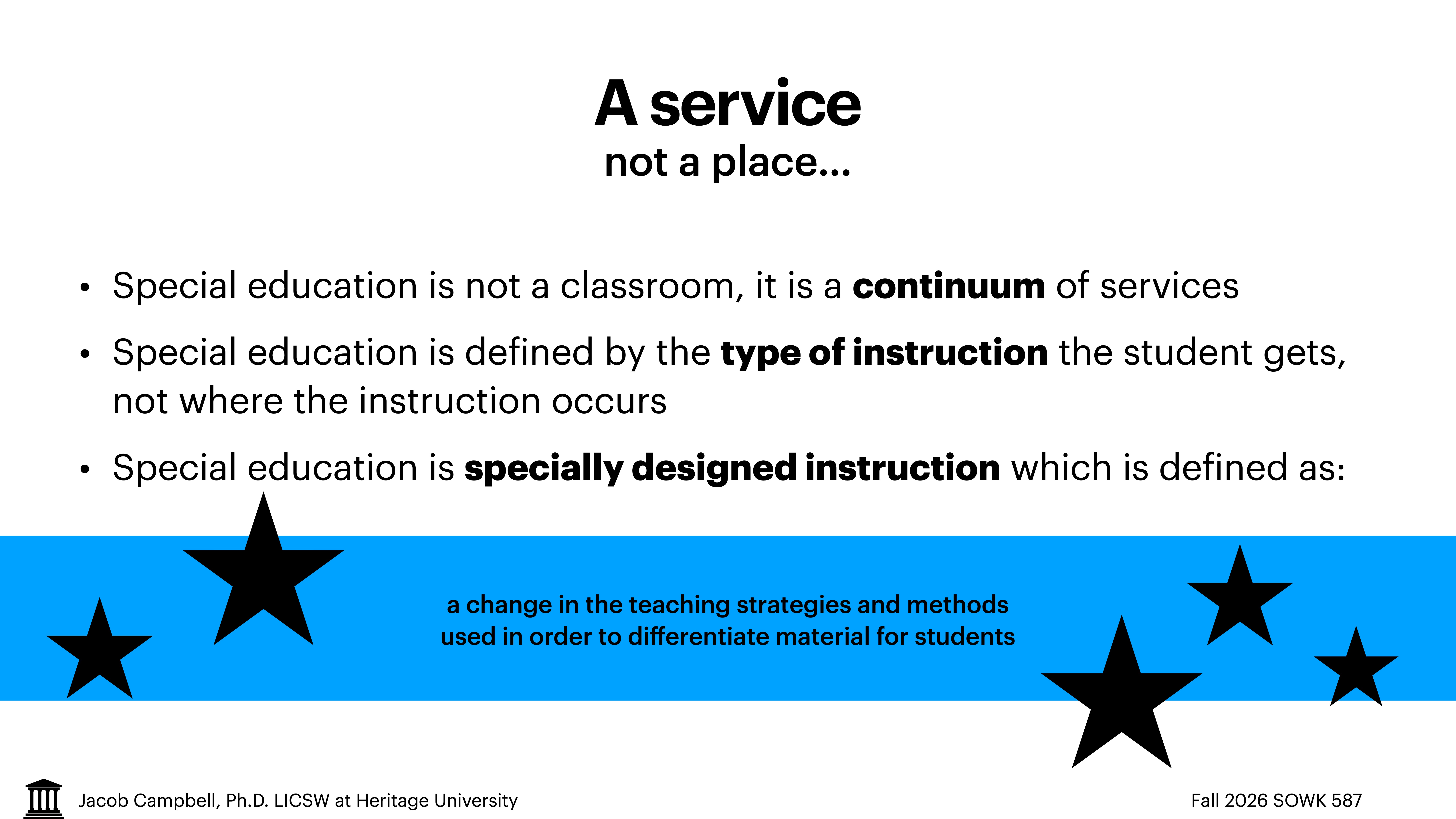 Slide with text explaining special education concepts. Main points: it's a continuum of services, defined by the type of instruction, and involves specially designed instruction. Decorated with stars. Important text:- 'A service, not a place...'- 'Special education is not a classroom, it is a continuum of services.'- 'Special education is defined by the type of instruction the student gets, not where the instruction occurs.'- 'Special education is specially designed instruction which is defined as: a change in the teaching strategies and methods used in order to differentiate material for students.'Footer mentions Jacob Campbell, Ph.D., LCSW at Heritage University, and 'Fall 2026 SOWK 587.'