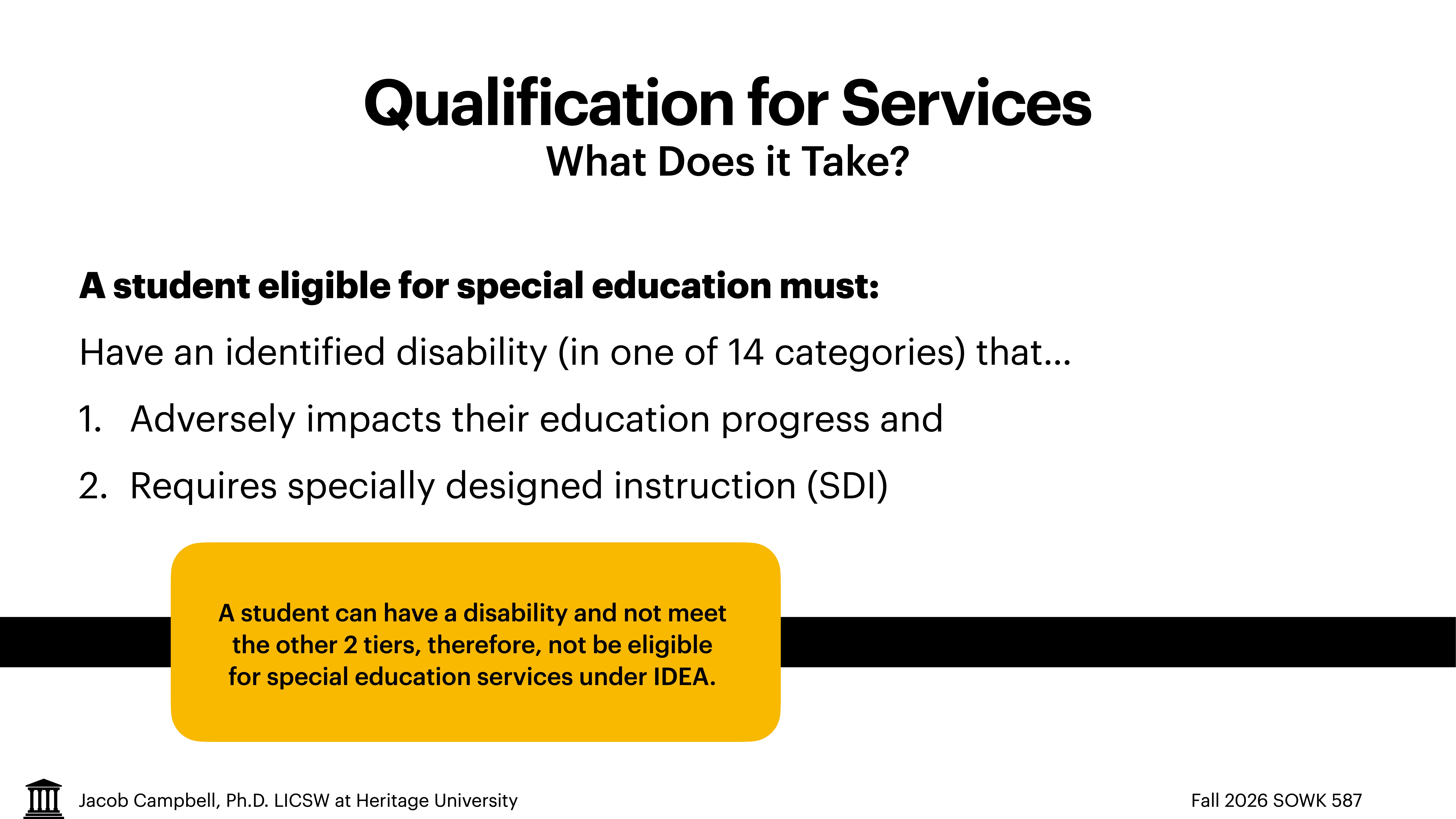 **Slide Title: 'Qualification for Services: What Does it Take?'**Object: TextAction: Describes criteriaContext: Qualifications for special education, outlining requirements for students to be eligible under IDEA. Highlights need for an identified disability, adverse educational impact, and specially designed instruction. Additional note mentions that merely having a disability is insufficient for eligibility.Lower Text: Jacob Campbell, Ph.D. LICSW at Heritage University, Fall 2026 SOWK 587.