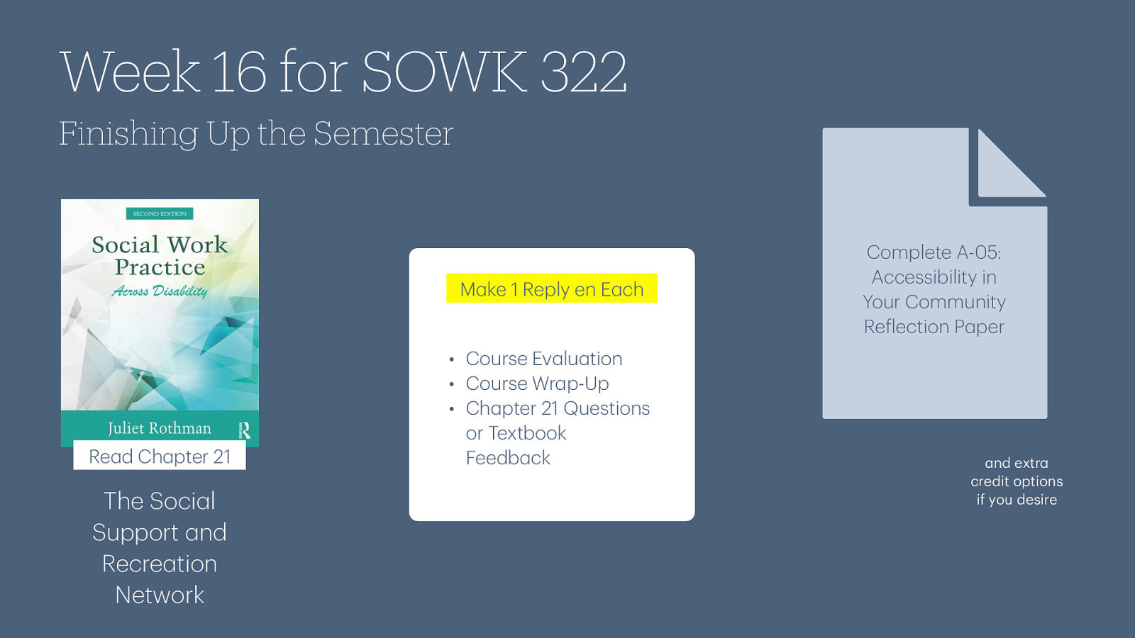 Finishing Up the Semester M ke 1 Reply en E ch Re d Ch pter 21 a a a a a a a a a a a a a f The Soci l Support nd Recre tion Network a a Week 16 for SOWK 322 • Course Ev lu tion • Course Wr p-Up • Ch pter 21 Questions or Textbook Feedb ck Complete A-05: Accessibility in Your Community Re lection P per nd extr credit options if you desire
