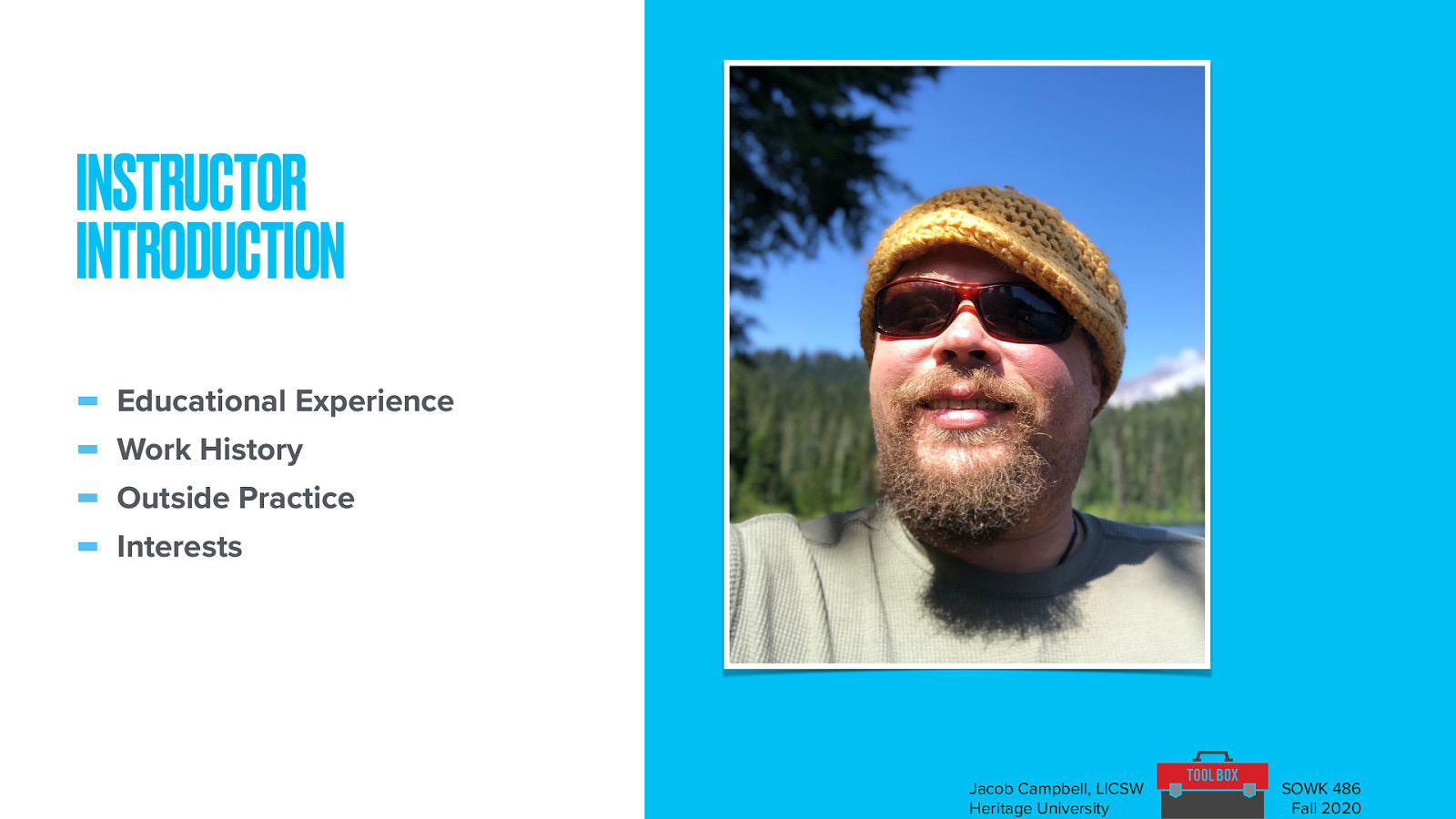  I find that is is helpful to share a little bit about myself with students, so that you know where I am coming from.   Educational Experience  CBC AA 2006 EWU BASW 2008 EWU MSW 2009   Work History  Pasco School District TCCH Behavioral Health Services Heritage University (since 2013) UNSAAC Crisis Residential Center Juvenile Detention Jubilee Youth Ranch   Outside Practice  Pasco Discovery Coalition Council for Children Various volunteer experiences   Interests  Dancing Computer technology Travel Graphic and website design   Questions  Only time you can ask about me… [joking]   
