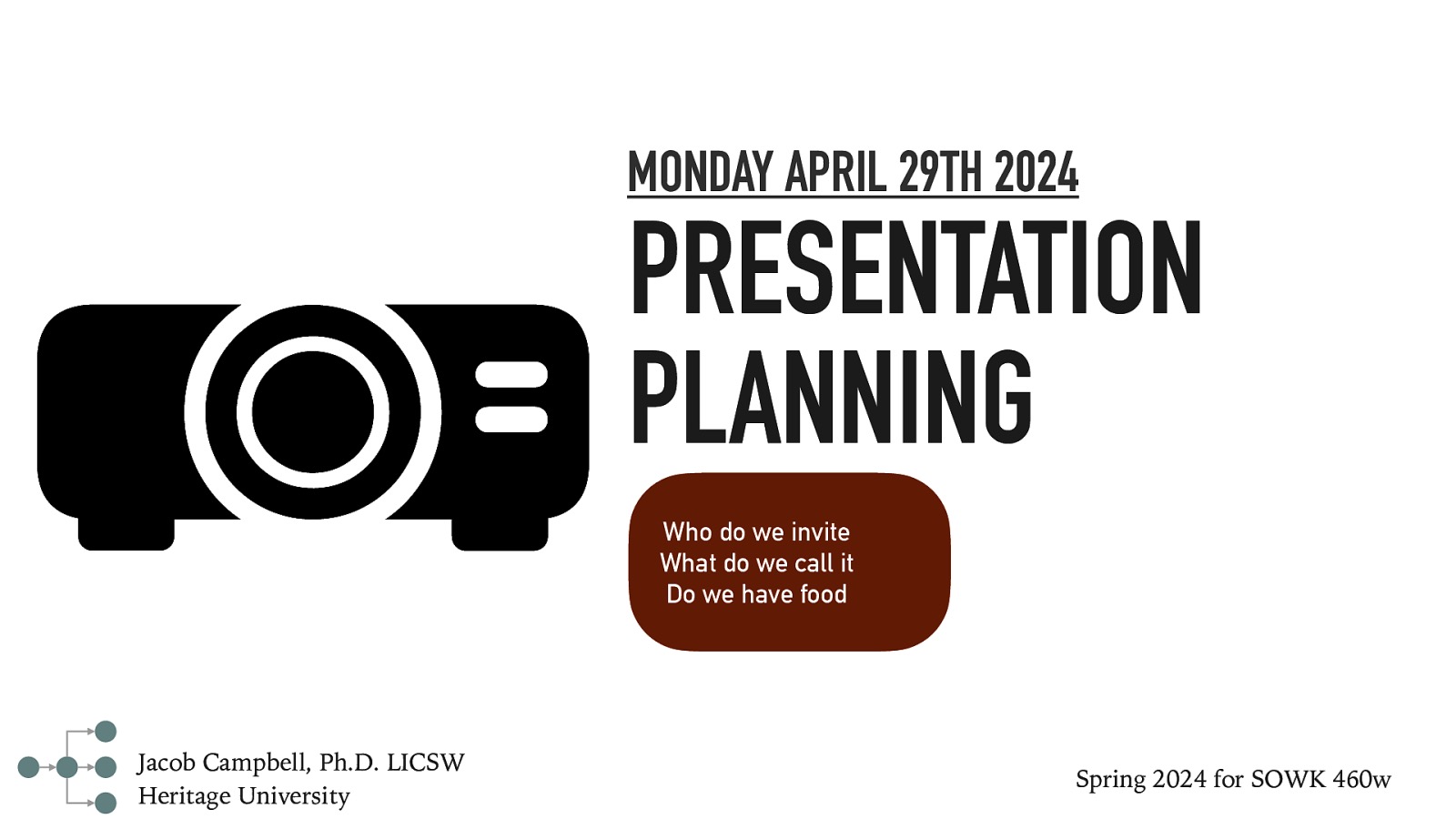 􁒯 MONDAY APRIL 29TH 2024 PRESENTATION PLANNING Who do we invite What do we call it Do we have food Jacob Campbell, Ph.D. LICSW Heritage University Spring 2024 for SOWK 460w
