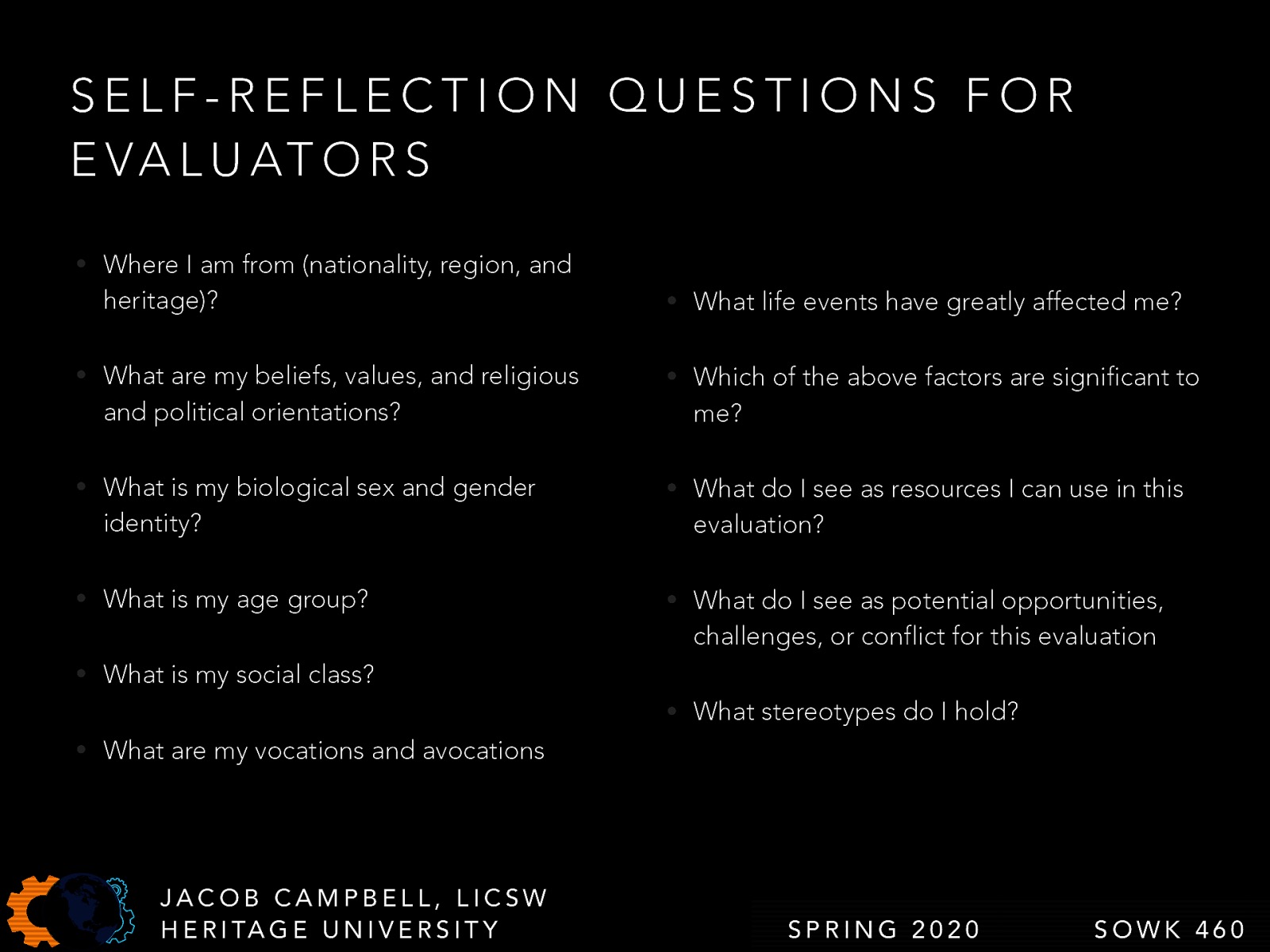  Where I am from (nationality, region, and heritage)? What are my beliefs, values, and religious and political orientations? What is my biological sex and gender identity? What is my age group? What is my social class? What are my vocations and avocations What life events have greatly affected me? Which of the above factors are significant to me? What do I see as resources I can use in this evaluation? What do I see as potential opportunities, challenges, or conflict for this evaluation What stereotypes do I hold? 
