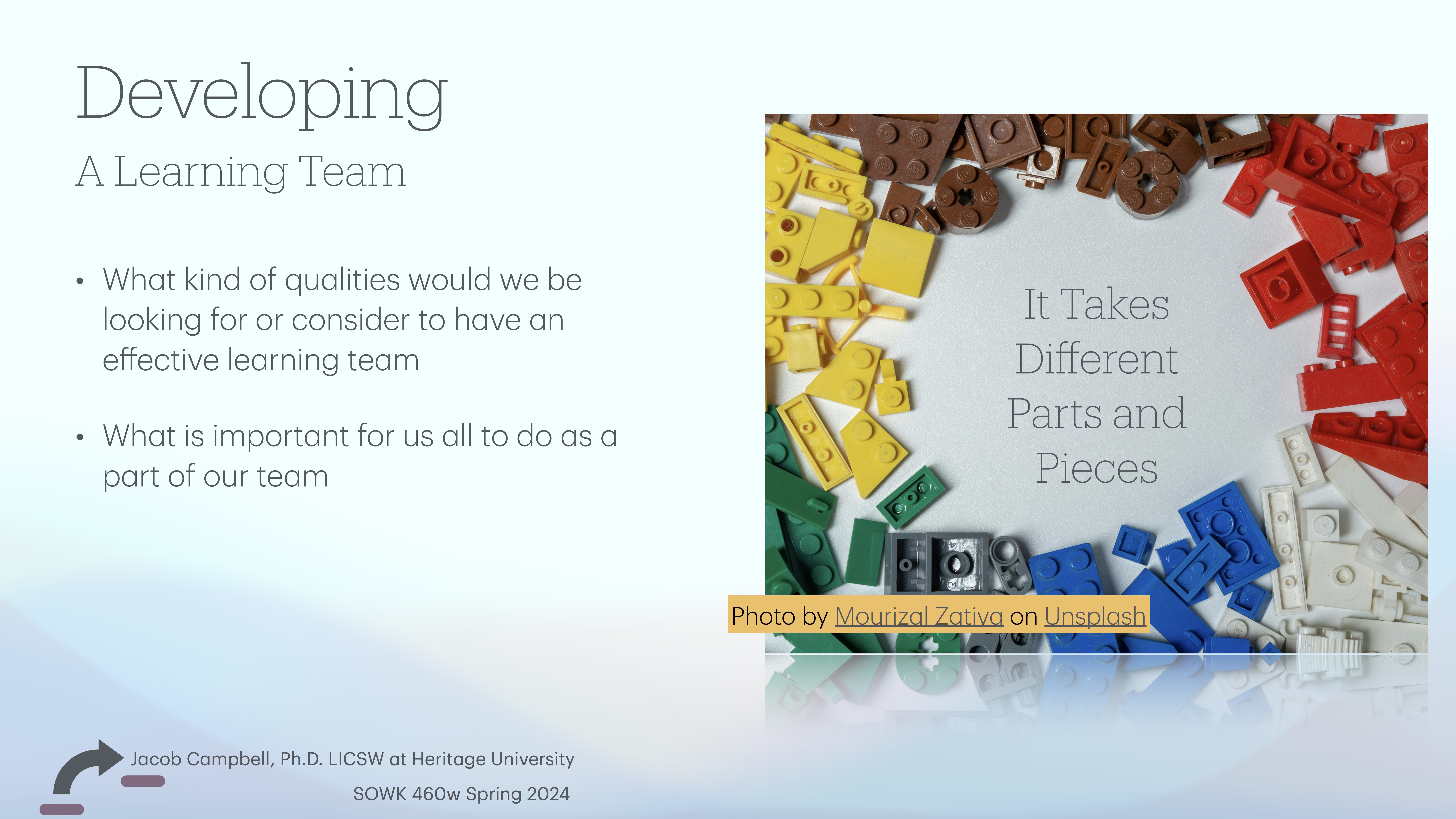 The slide titled 'Developing A Learning Team' features LEGO pieces with text, 'It Takes Different Parts and Pieces'. It asks, 'What kind of qualities would we be looking for or consider to have an effective learning team' and 'What is important for us all to do as a part of our team'. Footer: 'Jacob Campbell, Ph.D., LICSW at Heritage University, SOWK 460w Spring 2024'.