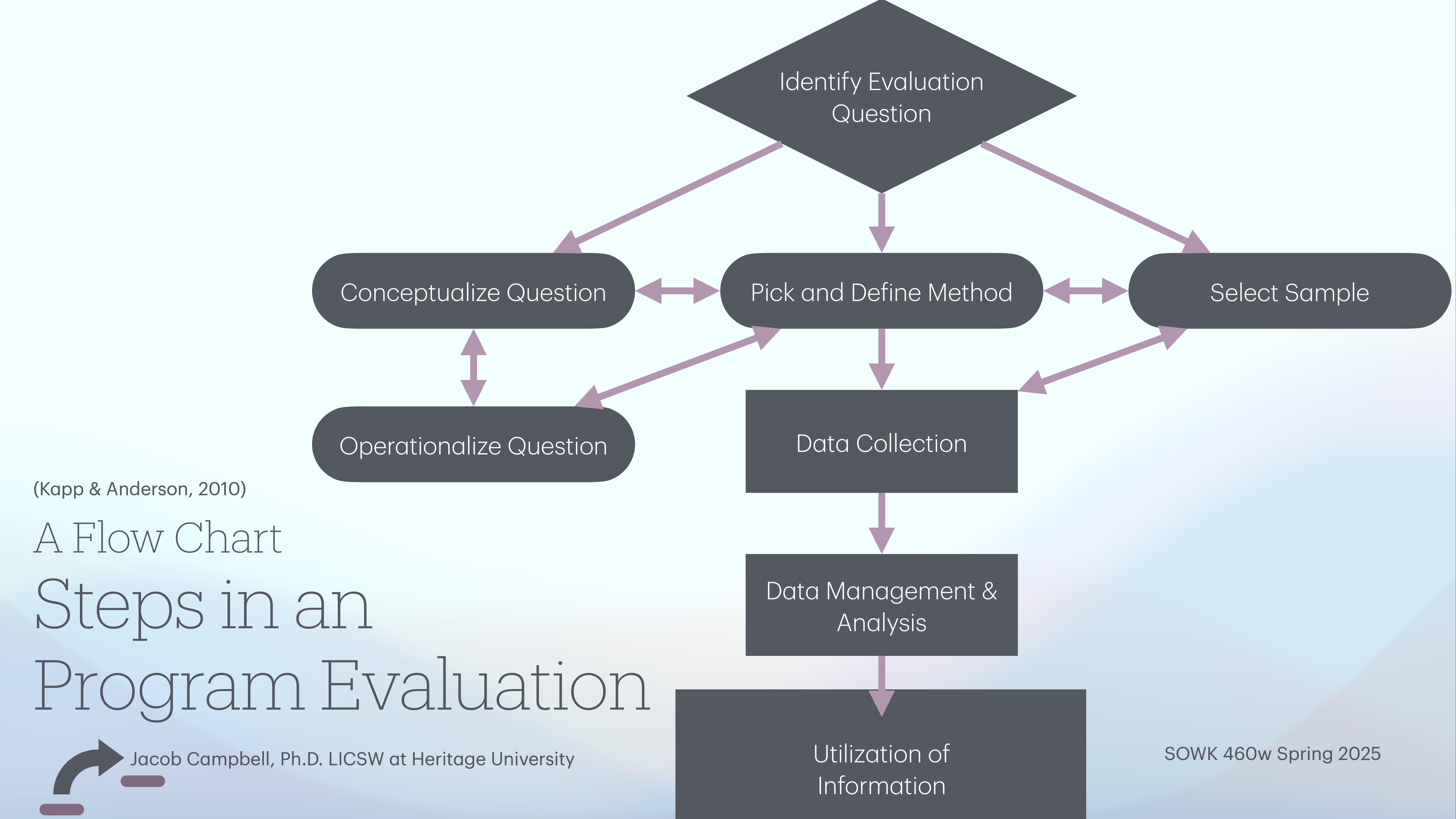 Flowchart depicts steps in program evaluation: identifying evaluation question, conceptualizing/operationalizing question, selecting sample, defining method, data collection, data management, analysis, and utilization. Titled “Steps in a Program Evaluation.”