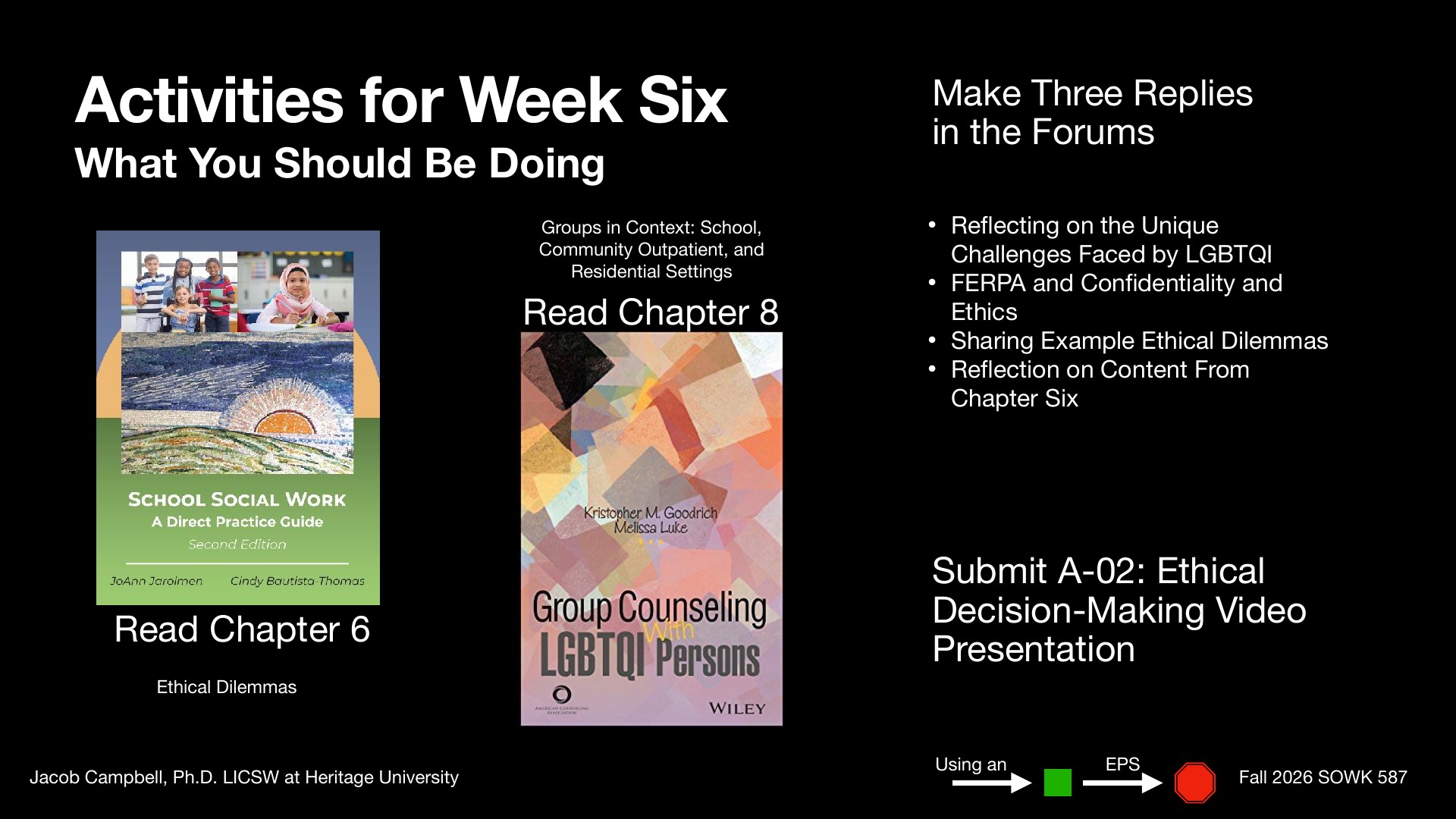 Course slide titled 'Activities for Week Six' displaying assigned readings (School Social Work Chapter 6 on ethical dilemmas, Group Counseling: LGBTQI Persons Chapter 8) and requirements: make three forum replies discussing LGBTQI challenges, FERPA/confidentiality ethics, and ethical dilemmas, plus submit an ethical decision-making video presentation assignment.