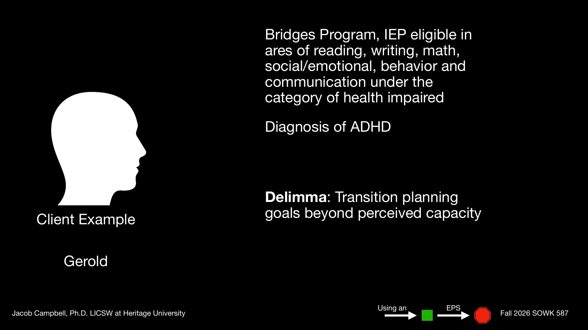 A white head silhouette labeled 'Client Example (Gerold)' on a black background is paired with case information describing a client eligible for the Bridges Program under IEP with reading, writing, math, social/emotional, behavior, and communication needs in the health-impaired category. The client has an ADHD diagnosis, and the key challenge noted is 'Delimma: Transition planning goals beyond perceived capacity.'
