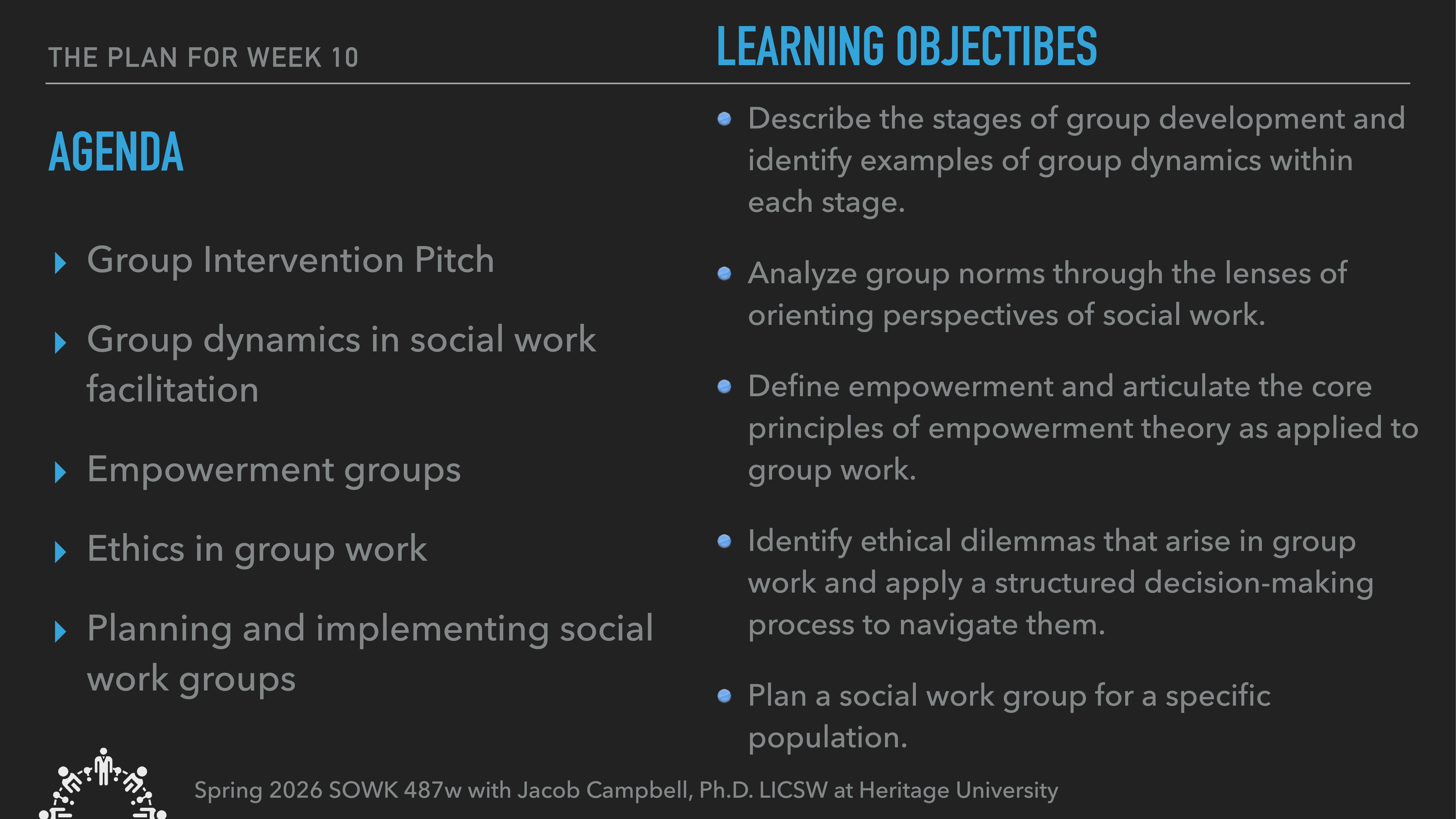 The image is a presentation slide with two sections: 'Agenda' and 'Learning Objectives.' The agenda includes topics like group dynamics in social work, while objectives cover empowerment and ethical dilemmas in group work.