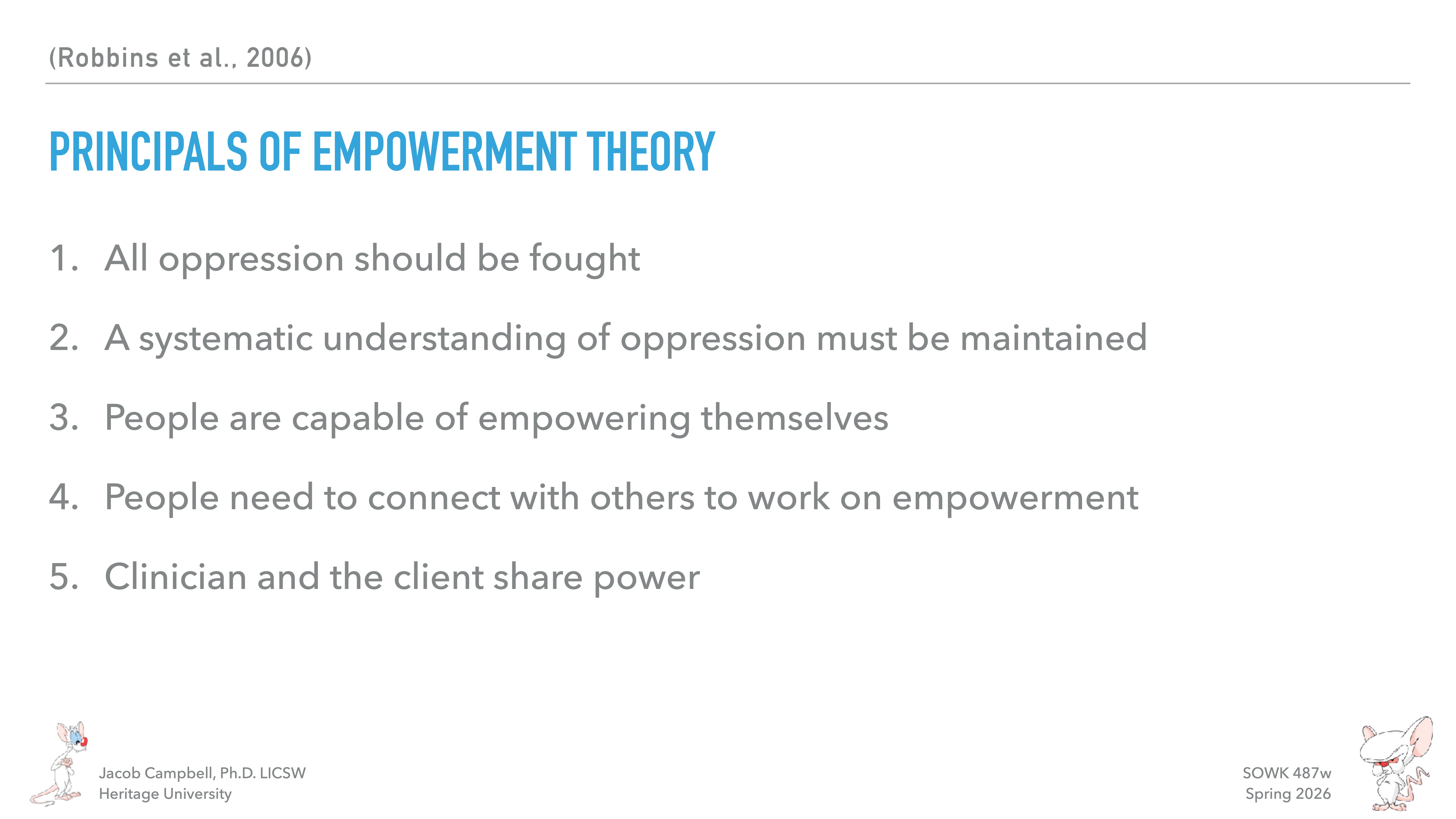 The image is a presentation slide titled 'Principals of Empowerment Theory,' listing key points on empowerment in a formal context. It includes five principles and is attributed to Robbins et al. (2006).
