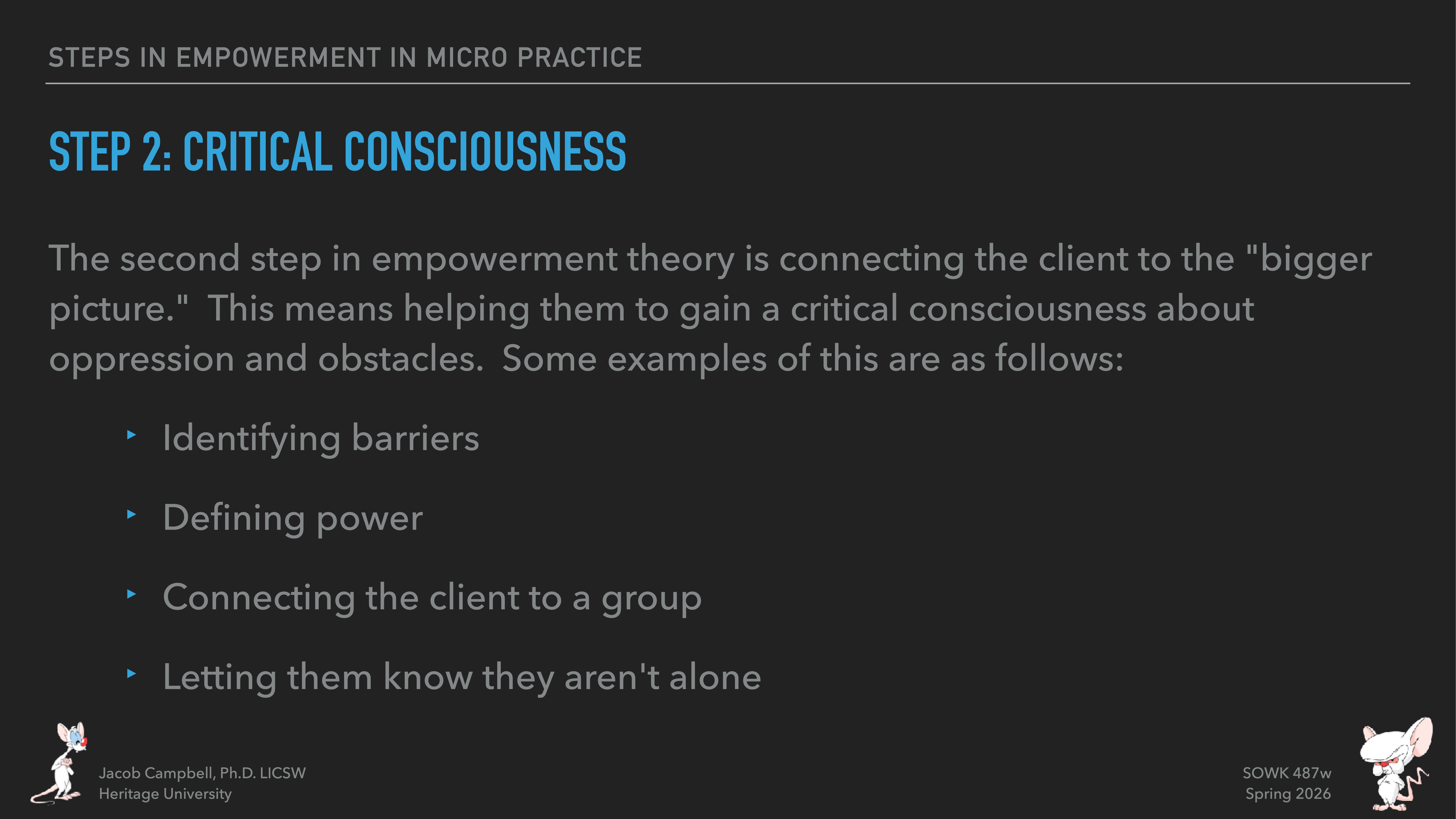 Slide with text explaining 'Step 2: Critical Consciousness' in empowerment theory. It focuses on connecting clients to the 'bigger picture,' identifying barriers, defining power, and connecting them to a group.