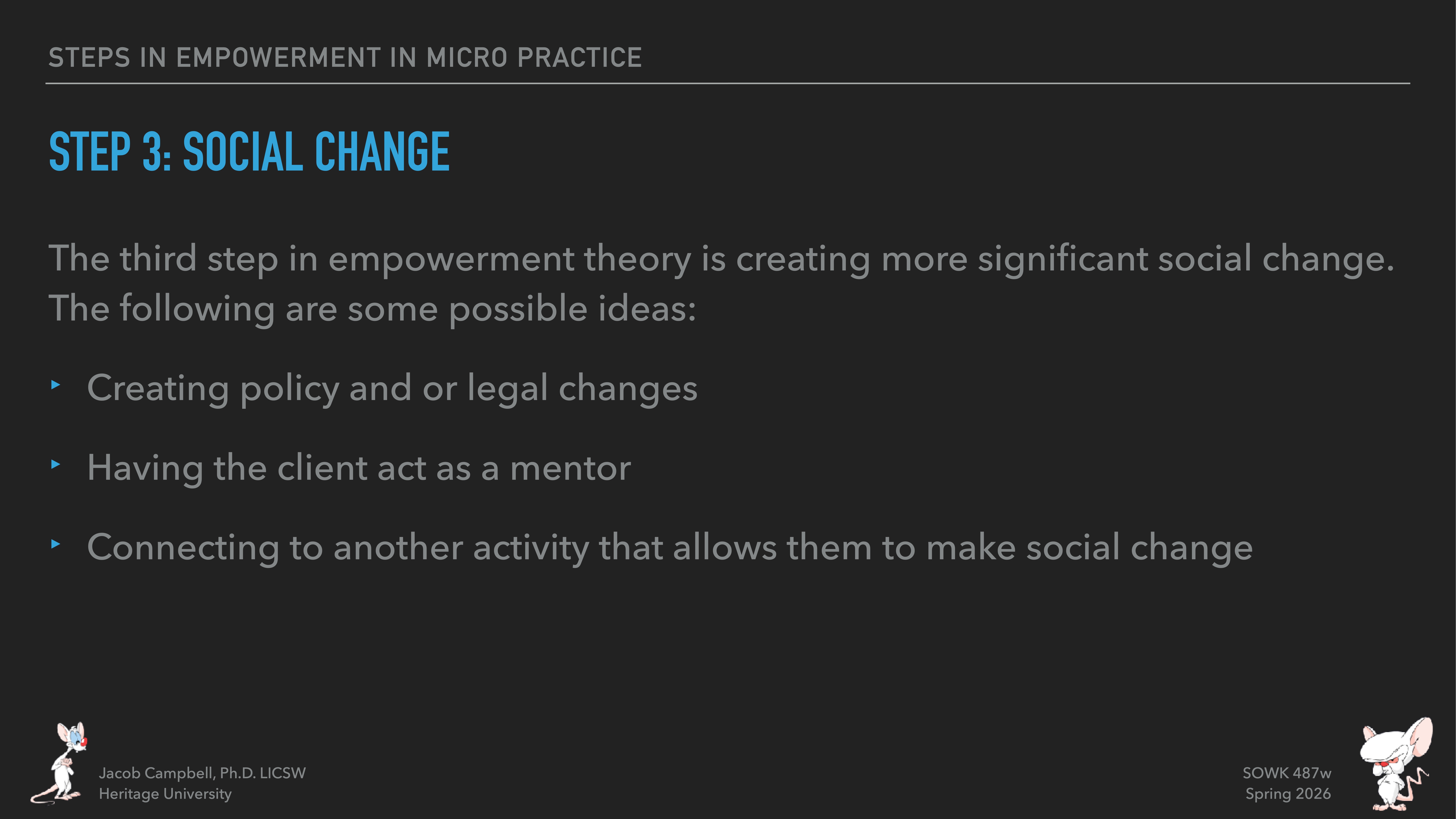 Slide featuring text on empowerment theory's third step, 'Social Change,' with ideas including policy/legal changes, client mentoring, and connecting to activities for social change. Context: professional presentation.