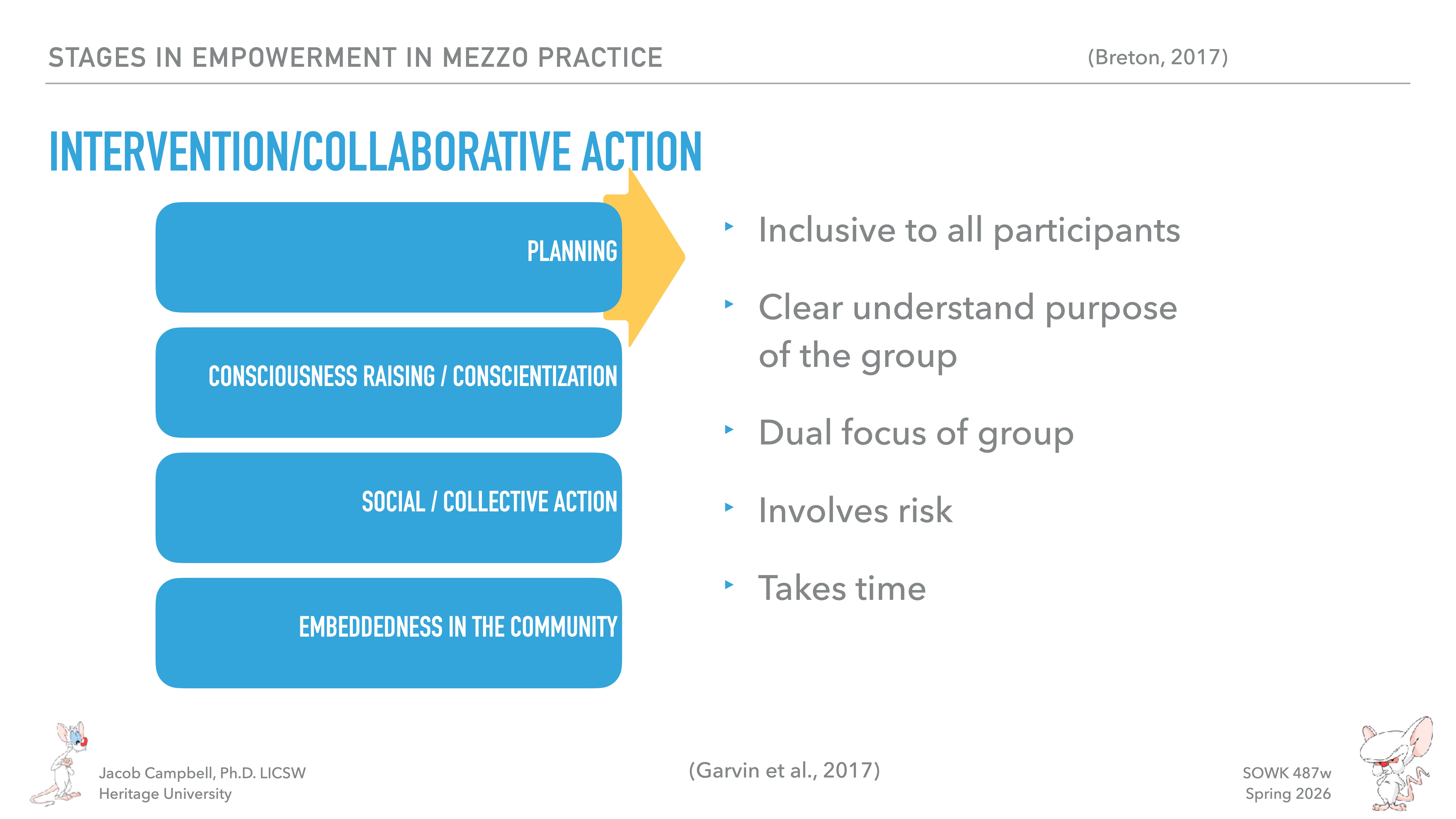Flowchart titled 'Intervention/Collaborative Action' depicting stages: Planning, Consciousness Raising, Social Action, and Community Embedding. Accompanied by points: inclusive, clear purpose, dual focus, risk, and time.