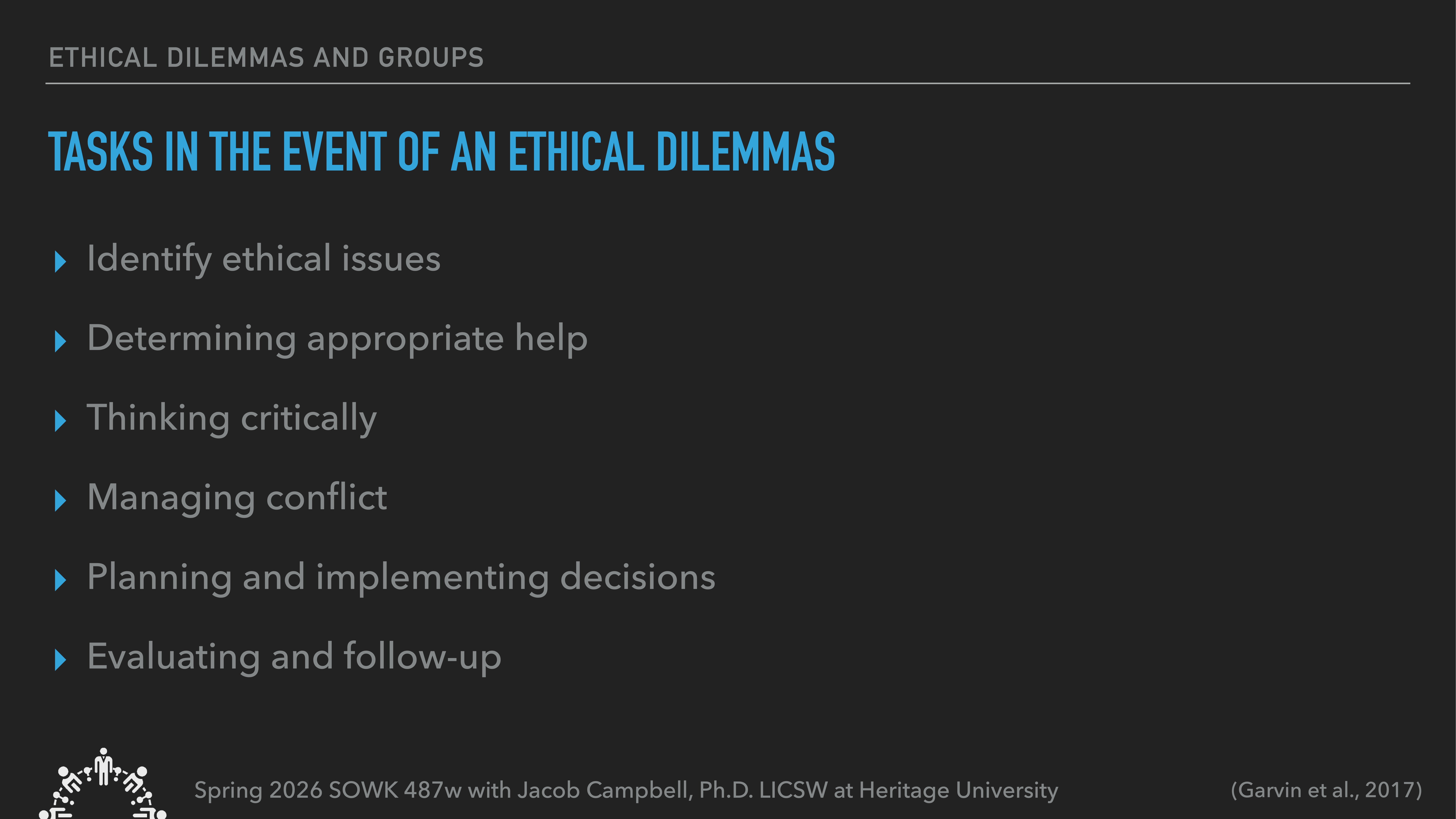 A slide appears with a dark background. It outlines tasks in ethical dilemmas: identifying issues, determining help, thinking critically, managing conflict, planning decisions, evaluating follow-ups. 'Spring 2026 SOWK 487w' is noted below.