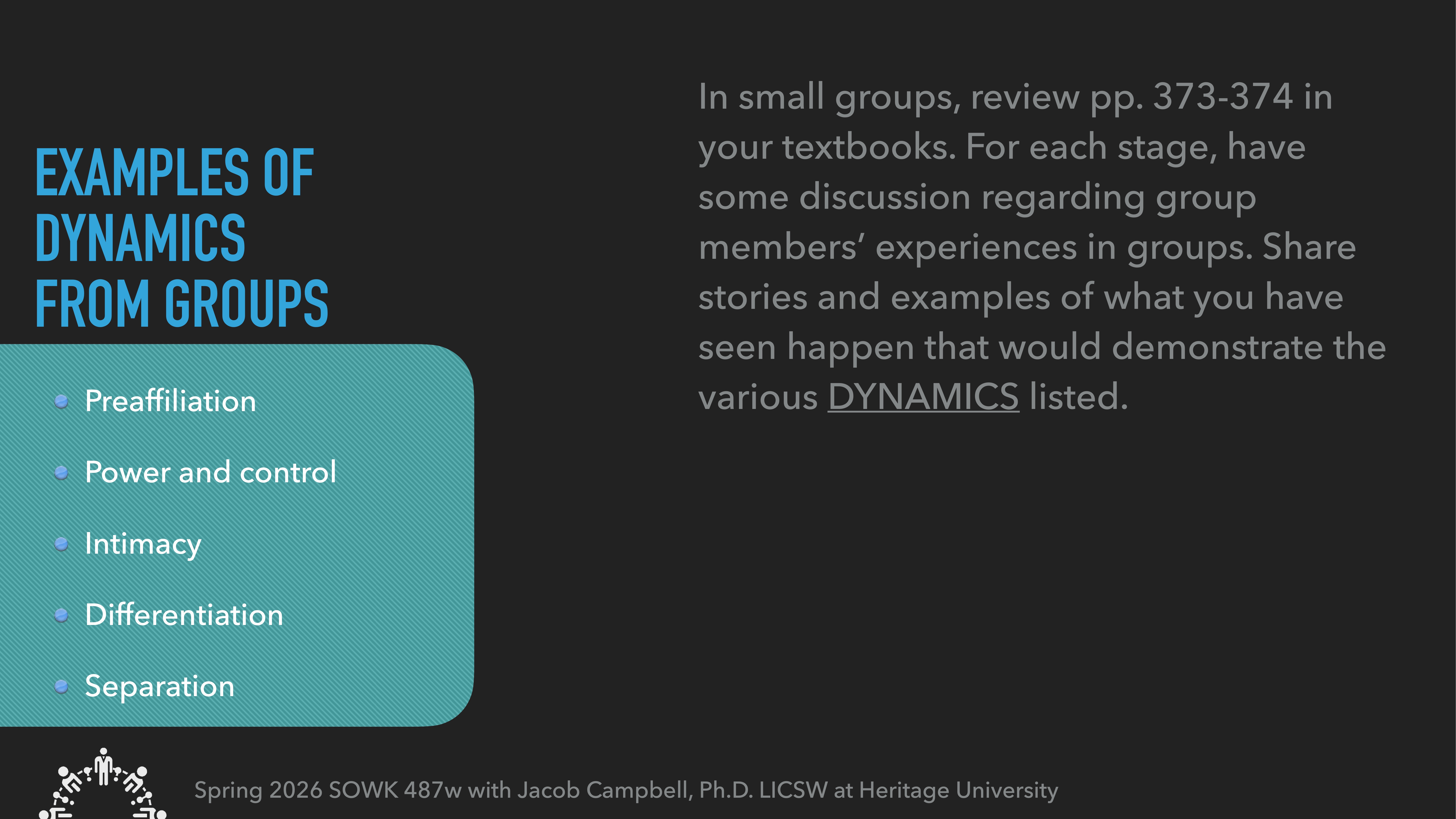Slide presents 'Examples of Dynamics from Groups' with a list: Preaffiliation, Power and control, Intimacy, Differentiation, Separation. Instructions involve discussing group experiences. Course: Spring 2026 SOWK 487w, Jacob Campbell, Ph.D., LICSW, Heritage University.