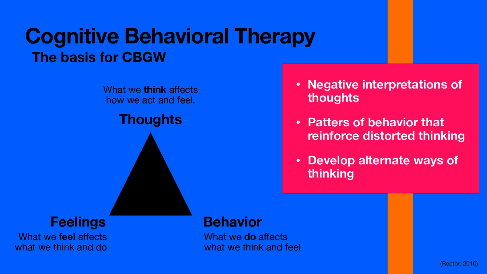 Cognitive Behavioral Therapy The basis for CBGW • Negative interpretations of What we think a ects how we act and feel. thoughts Thoughts • Patters of behavior that reinforce distorted thinking • Develop alternate ways of thinking Feelings What we feel a ects what we think and do Behavior What we do a ects what we think and feel ff ff ff (Rector, 2010)
