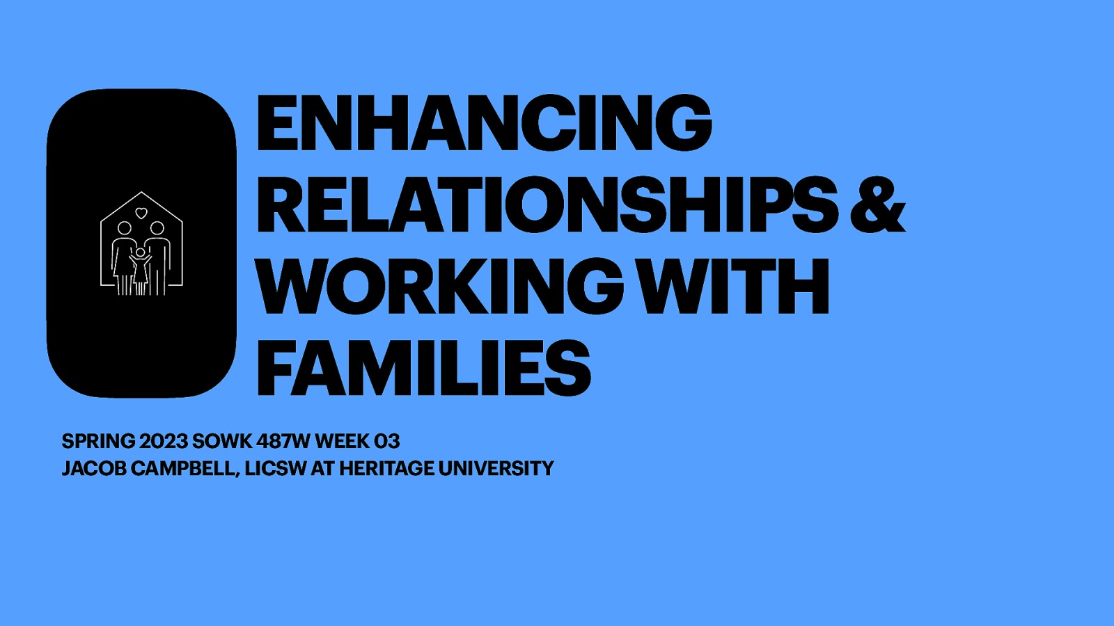 ENHANCING RELATIONSHIPS & WORKING WITH FAMILIES SPRING 2023 SOWK 487W WEEK 03 JACOB CAMPBELL, LICSW AT HERITAGE UNIVERSITY
