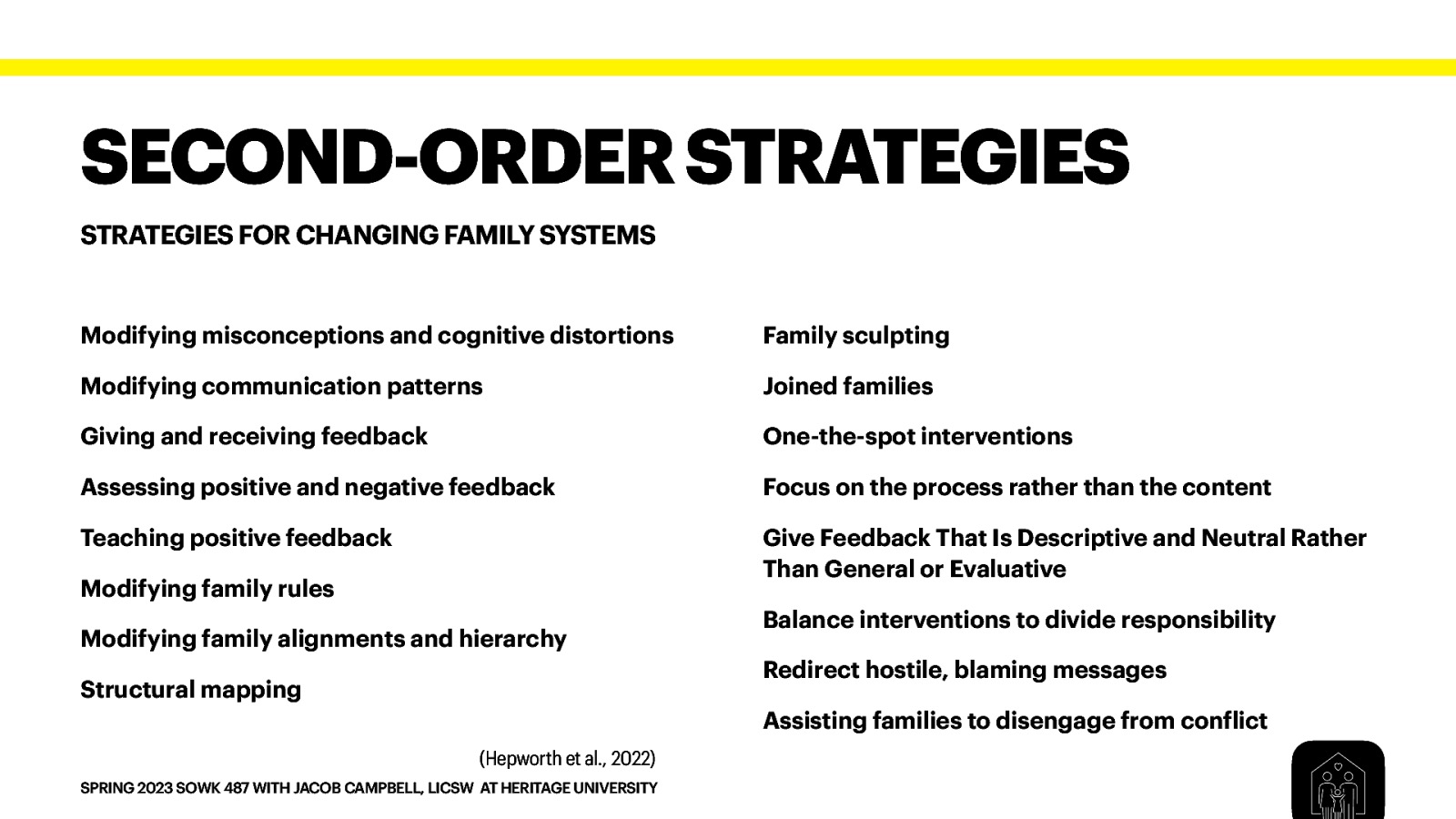 SECOND-ORDER STRATEGIES STRATEGIES FOR CHANGING FAMILY SYSTEMS Modifying misconceptions and cognitive distortions Family sculpting Modifying communication patterns Joined families Giving and receiving feedback One-the-spot interventions Assessing positive and negative feedback Focus on the process rather than the content Teaching positive feedback Give Feedback That Is Descriptive and Neutral Rather Than General or Evaluative Modifying family rules Modifying family alignments and hierarchy Structural mapping Balance interventions to divide responsibility Redirect hostile, blaming messages Assisting families to disengage from con lict (Hepworth et al., 2022) f SPRING 2023 SOWK 487 WITH JACOB CAMPBELL, LICSW AT HERITAGE UNIVERSITY
