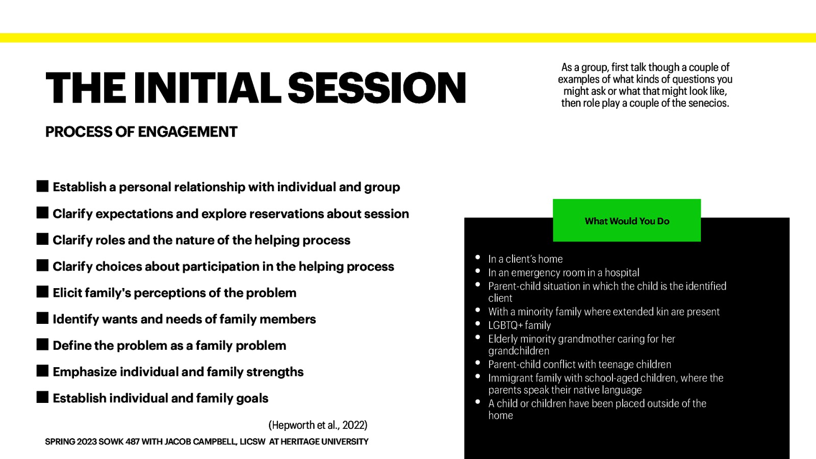 THE INITIAL SESSION As a group, irst talk though a couple of examples of what kinds of questions you might ask or what that might look like, then role play a couple of the senecios. PROCESS OF ENGAGEMENT Establish a personal relationship with individual and group Clarify expectations and explore reservations about session Clarify roles and the nature of the helping process Clarify choices about participation in the helping process Elicit family’s perceptions of the problem Identify wants and needs of family members De ine the problem as a family problem Emphasize individual and family strengths Establish individual and family goals (Hepworth et al., 2022) f f f f SPRING 2023 SOWK 487 WITH JACOB CAMPBELL, LICSW AT HERITAGE UNIVERSITY What Would You Do • • • • • • • • • In a client’s home In an emergency room in a hospital Parent-child situation in which the child is the identi ied client With a minority family where extended kin are present LGBTQ+ family Elderly minority grandmother caring for her grandchildren Parent-child con lict with teenage children Immigrant family with school-aged children, where the parents speak their native language A child or children have been placed outside of the home
