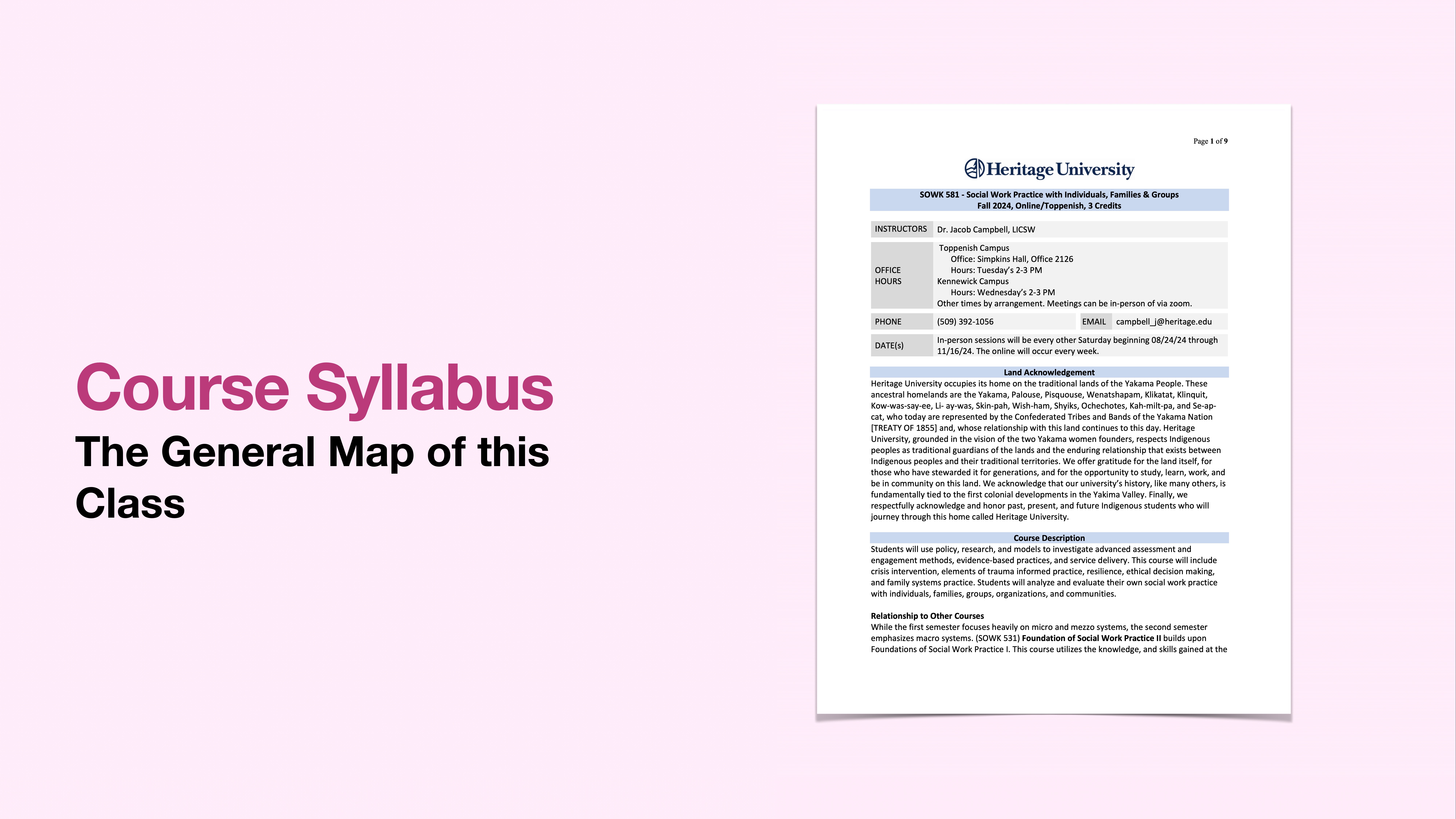 A presentation slide shows a course syllabus document on the right, featuring 'Heritage University' and course details. On the left, text reads: 'Course Syllabus: The General Map of this Class.'