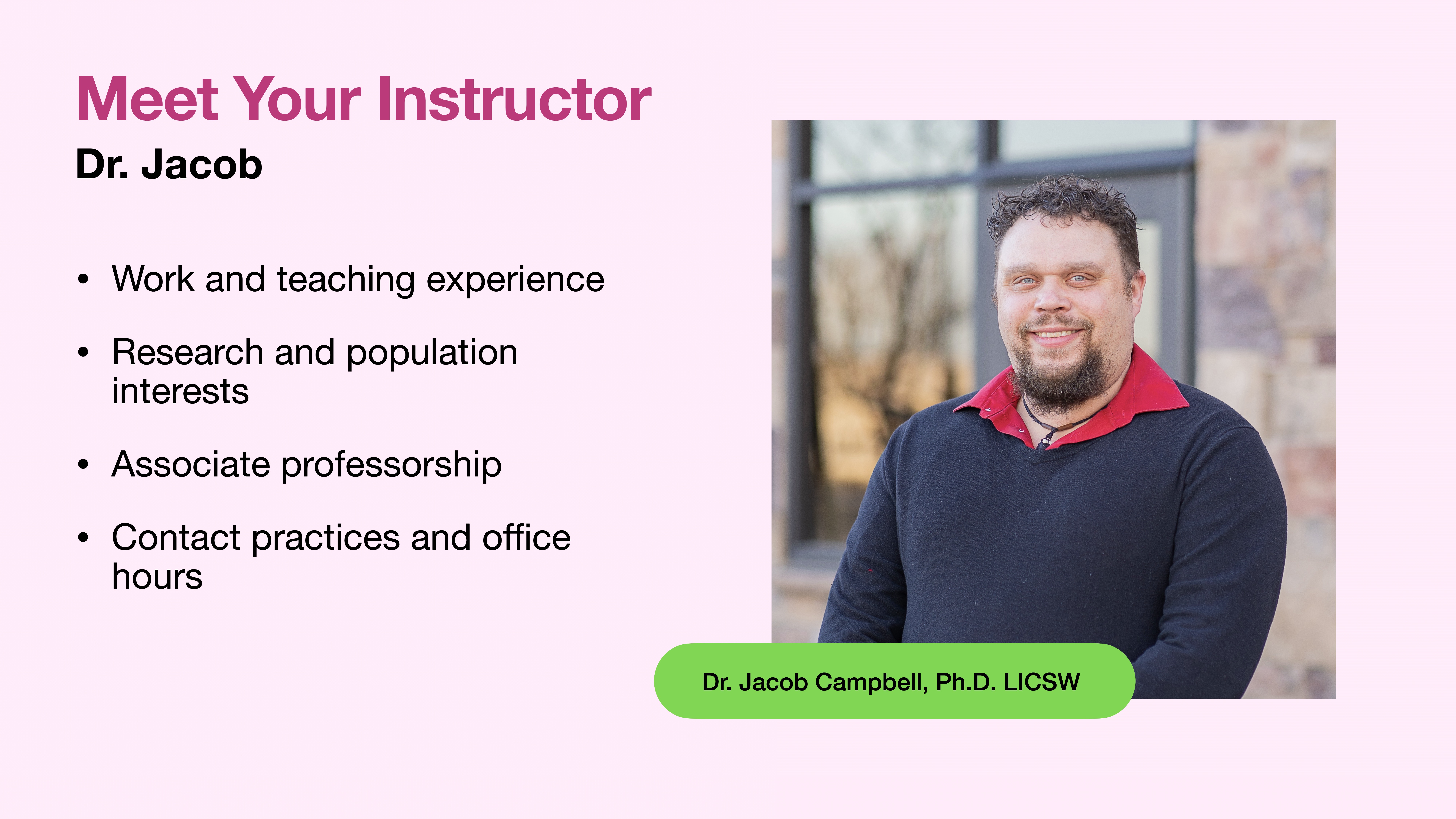 The slide introduces Dr. Jacob, featuring text outlining his work, teaching experience, research interests, associate professorship, and contact info. A portrait shows him standing outside a building.