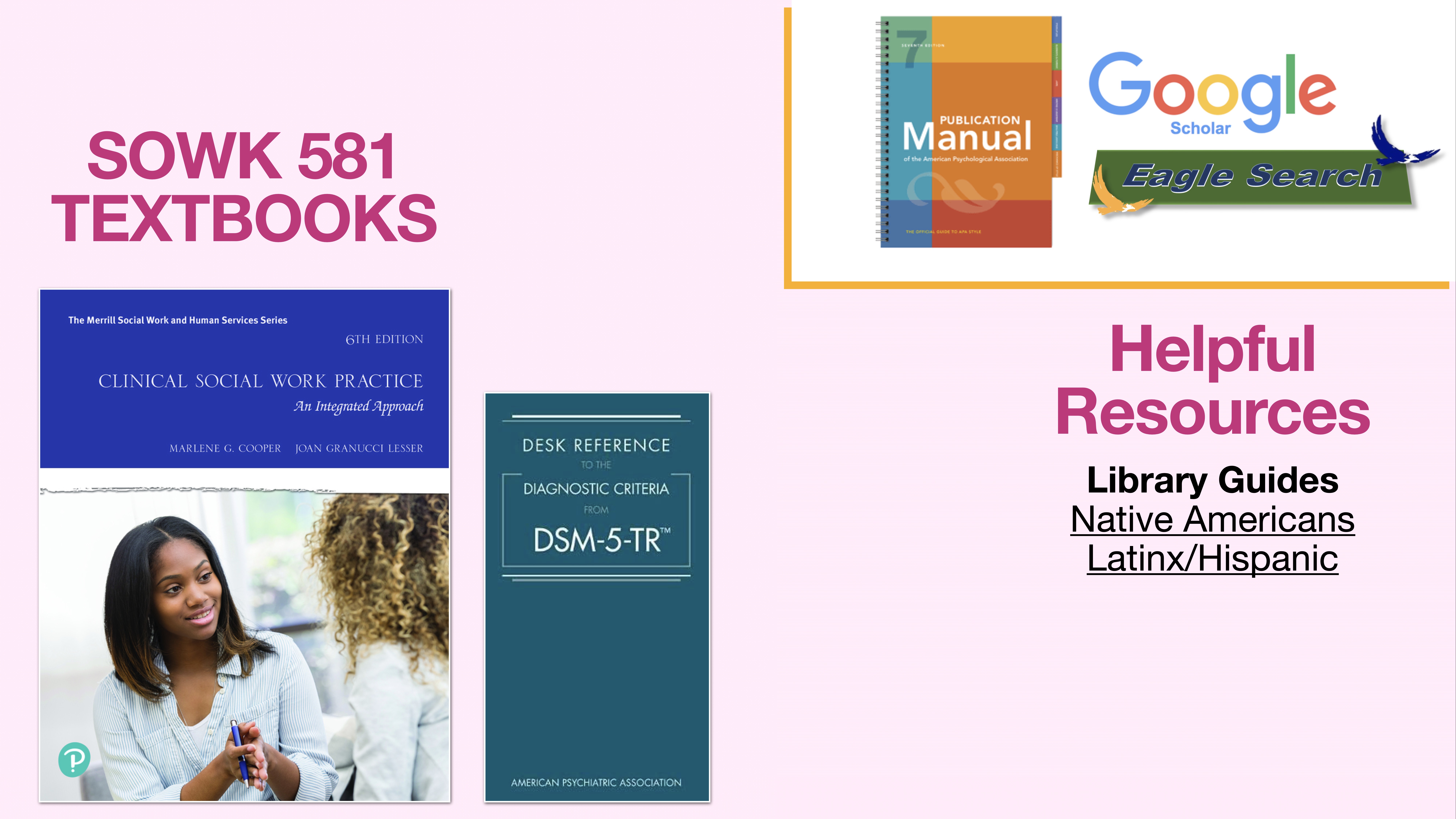 The image shows a presentation slide. **Object:** Textbooks and resources. **Action:** Displayed as reference materials. **Context:** Labels 'SOWK 581 TEXTBOOKS' and 'Helpful Resources' with images of 'Clinical Social Work Practice,' 'DSM-5-TR,' and guides for 'Native Americans' and 'Latinx/Hispanic.'