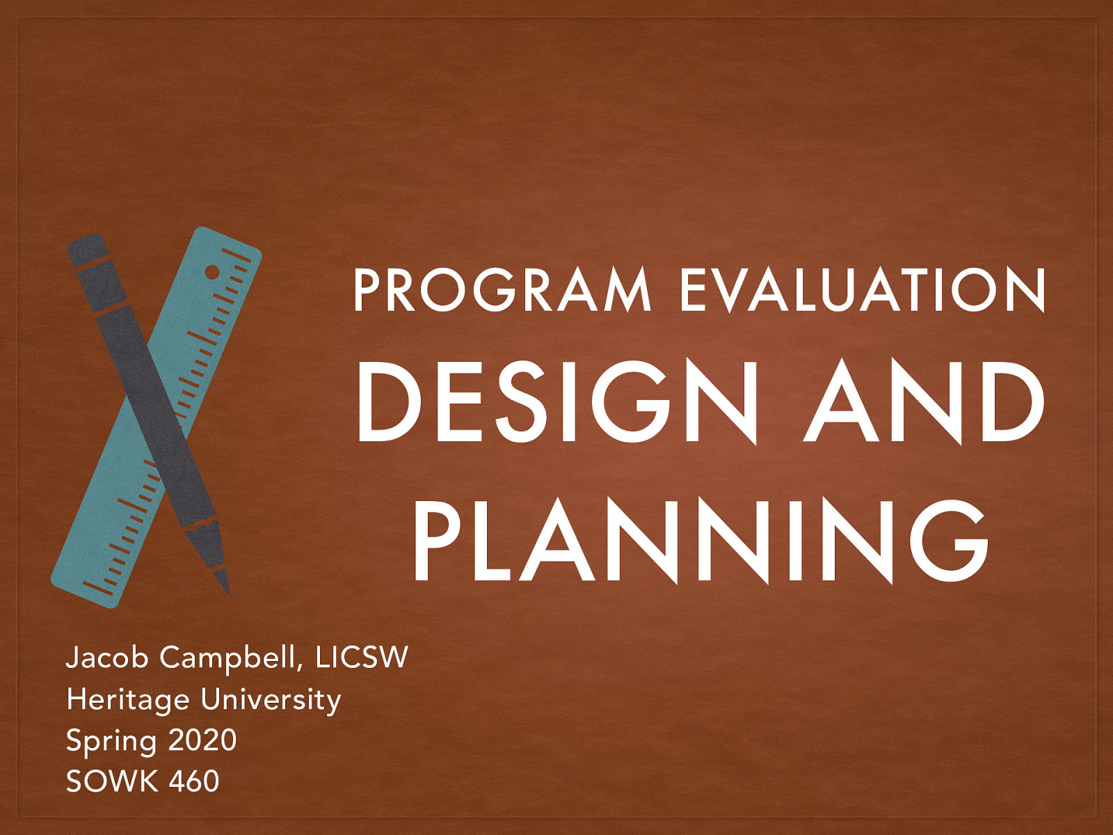 Location: CBC Campus -  SWL 208 Time: Mondays from 5:30-8:15 Week 07: 2/24/20 Topic and Content Area:  Evaluation Design Planning  Reading Assignment: Kapp and Anderson chapters 8-9 Assignments Due:  A-02 Reading Quiz 02/24/20 A-04a: Weekly Journal 03 03/01/20 A-04c: Group Work Plan 03/01/20  Other Important Information: N/A