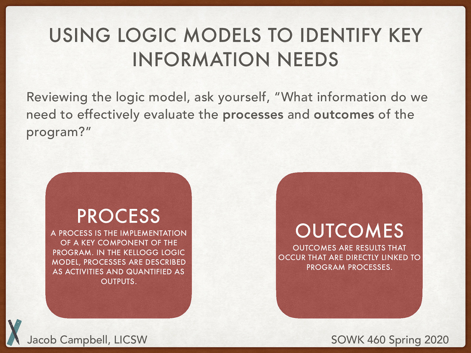  Reviewing the logic model, ask yourself, “What information do we need to effectively evaluate the processes and outcomes of the program?”  Process: A process is the implementation of a key component of the program. In the Kellogg logic model, processes are described as activities and quantified as outputs. Outcomes: Outcomes are results that occur that are directly linked to program processes.
