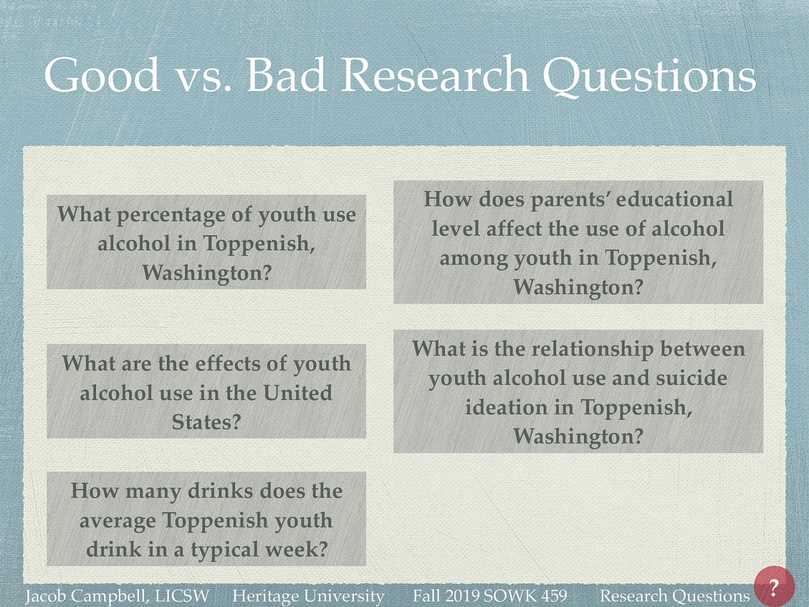  What percentage of youth use alcohol in Toppenish, Washington? What are the effects of youth alcohol use in the United States? How many drinks does the average Toppenish youth drink in a typical week? How does parents’ educational level affect the use of alcohol among youth in Toppenish, Washington? What is the relationship between youth alcohol use and suicide ideation in Toppenish, Washington? 
