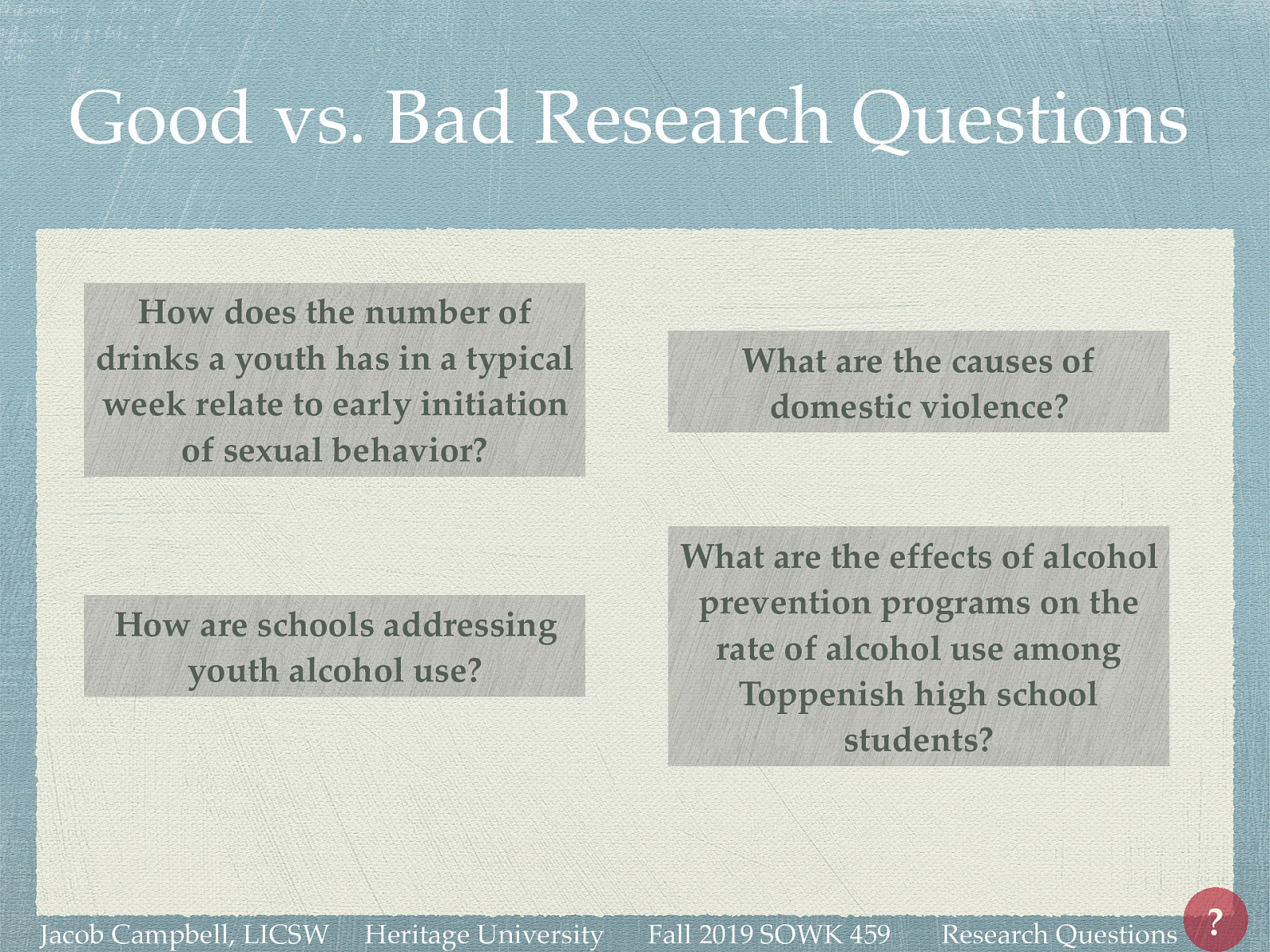  How does the number of drinks a youth has in a typical week relate to early initiation of sexual behavior? How are schools addressing youth alcohol use? What are the effects of alcohol prevention programs on the rate of alcohol use among Toppenish high school students? What are the causes of domestic violence? 
