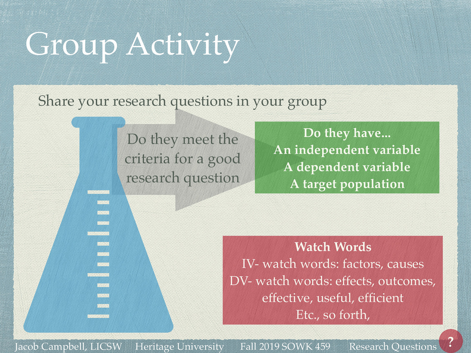 Share your research questions in your group Do they meet the criteria for a good research question Do they have… An independent variable A dependent variable A target population Do they contain any “watch words”… IV watch words: factors, causes DV watch words: effects, outcomes, effective, useful, efficient Etc., so forth,
