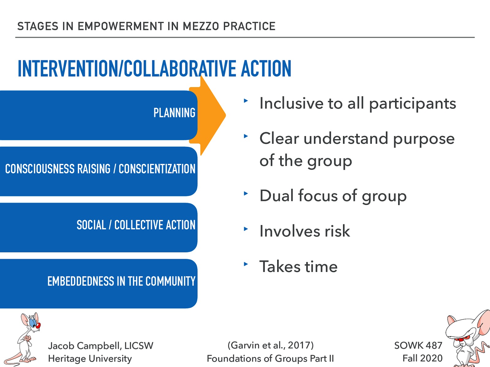  The planning is vital to lay the foundation for a successful use of collaborative action. It has several elements that the facilitate must take account of.   Needs to be inclusive to all participants  Important that participants clear understand purpose of the group   Dual focus of the group is on both personal and social change  Involves risk (i.e. doing social change and challenges)  Takes time  
