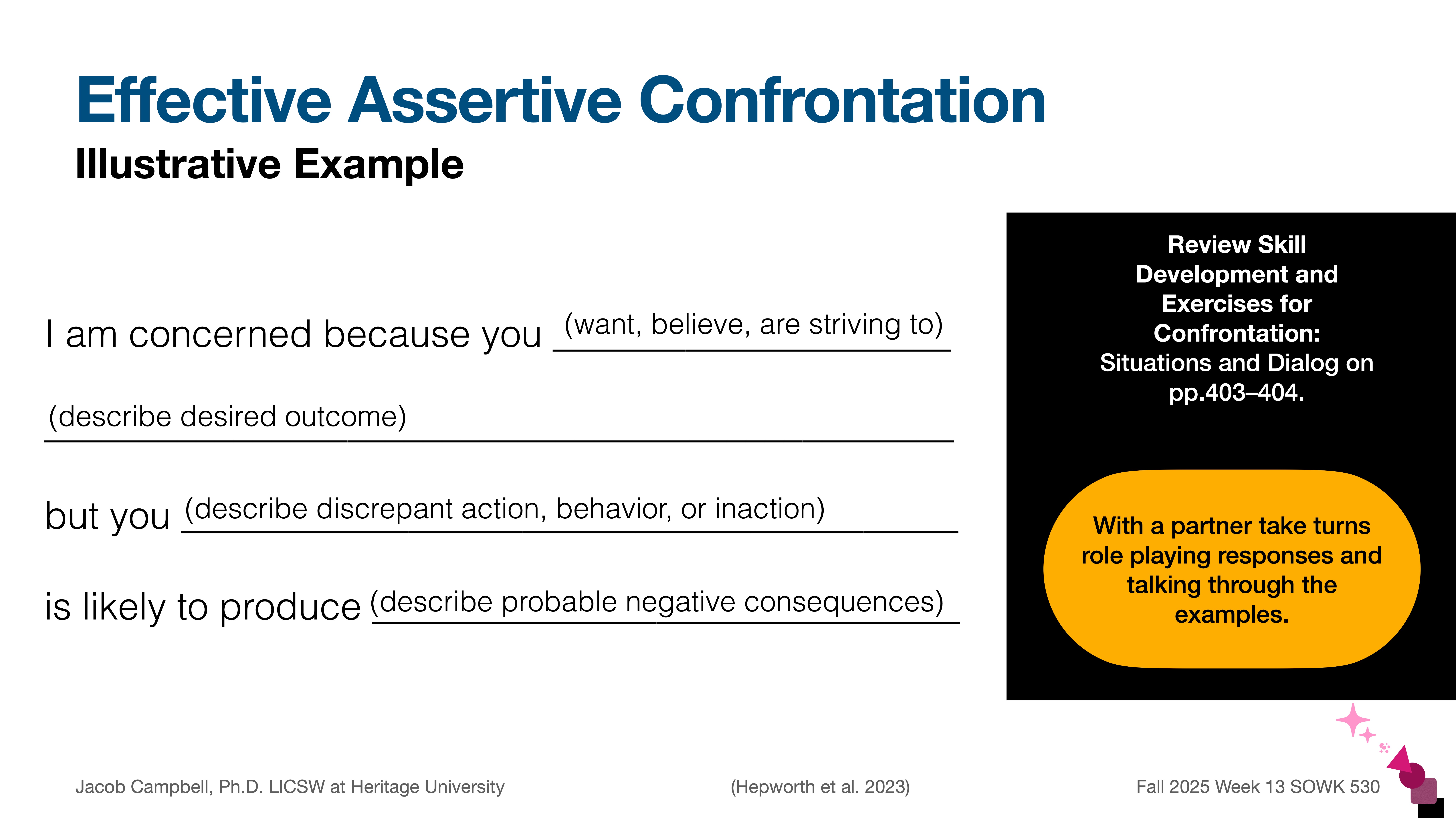 A slide titled 'Effective Assertive Confrontation' presents a template for addressing concerns, outlining desired outcomes, actions, and consequences. It includes an exercise for role-playing. Credits: Jacob Campbell, Heritage University.