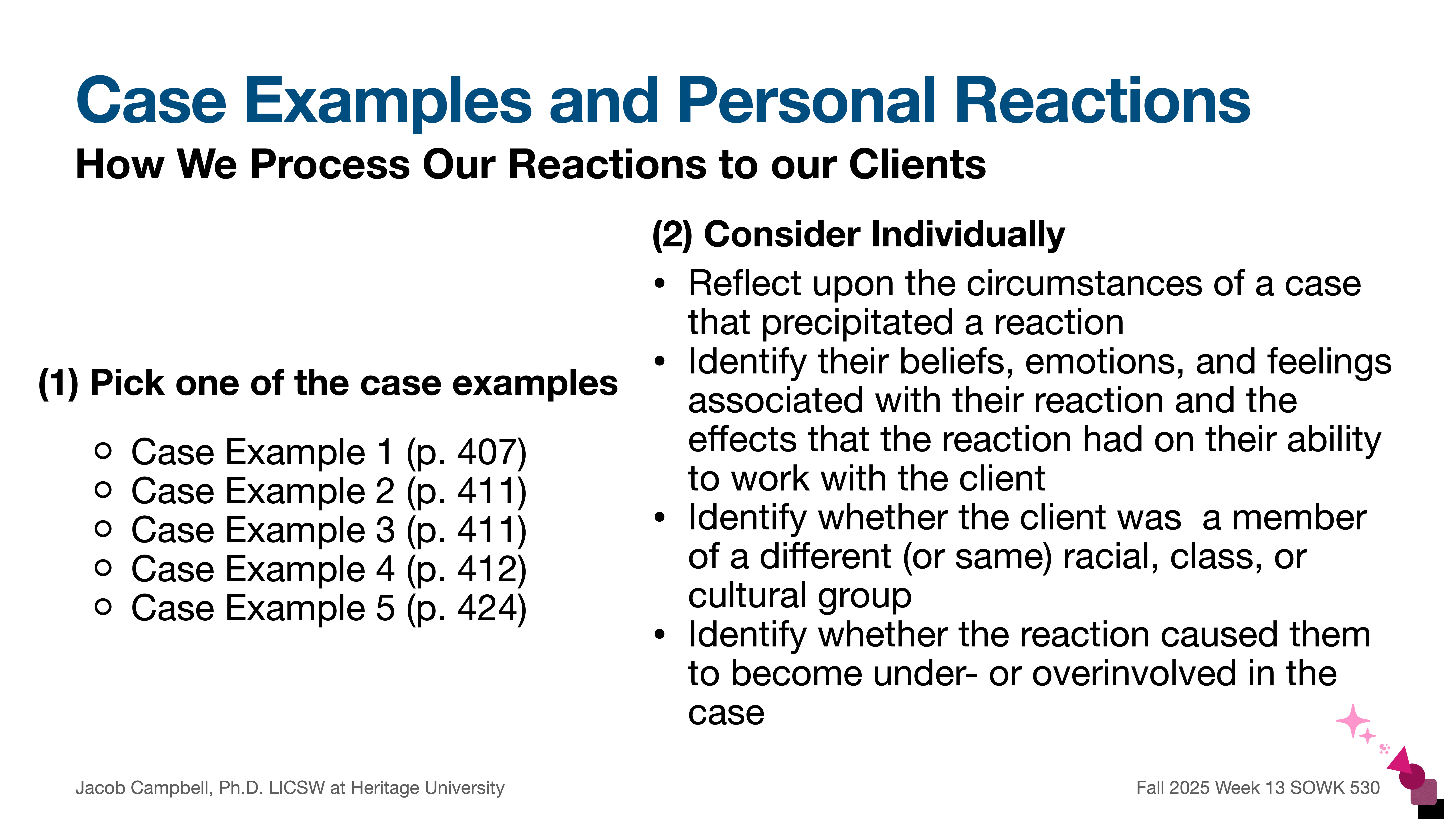Slide titled 'Case Examples and Personal Reactions' shows instructions for processing reactions to clients. It lists five case examples and prompts reflection on beliefs, emotions, and client demographics.