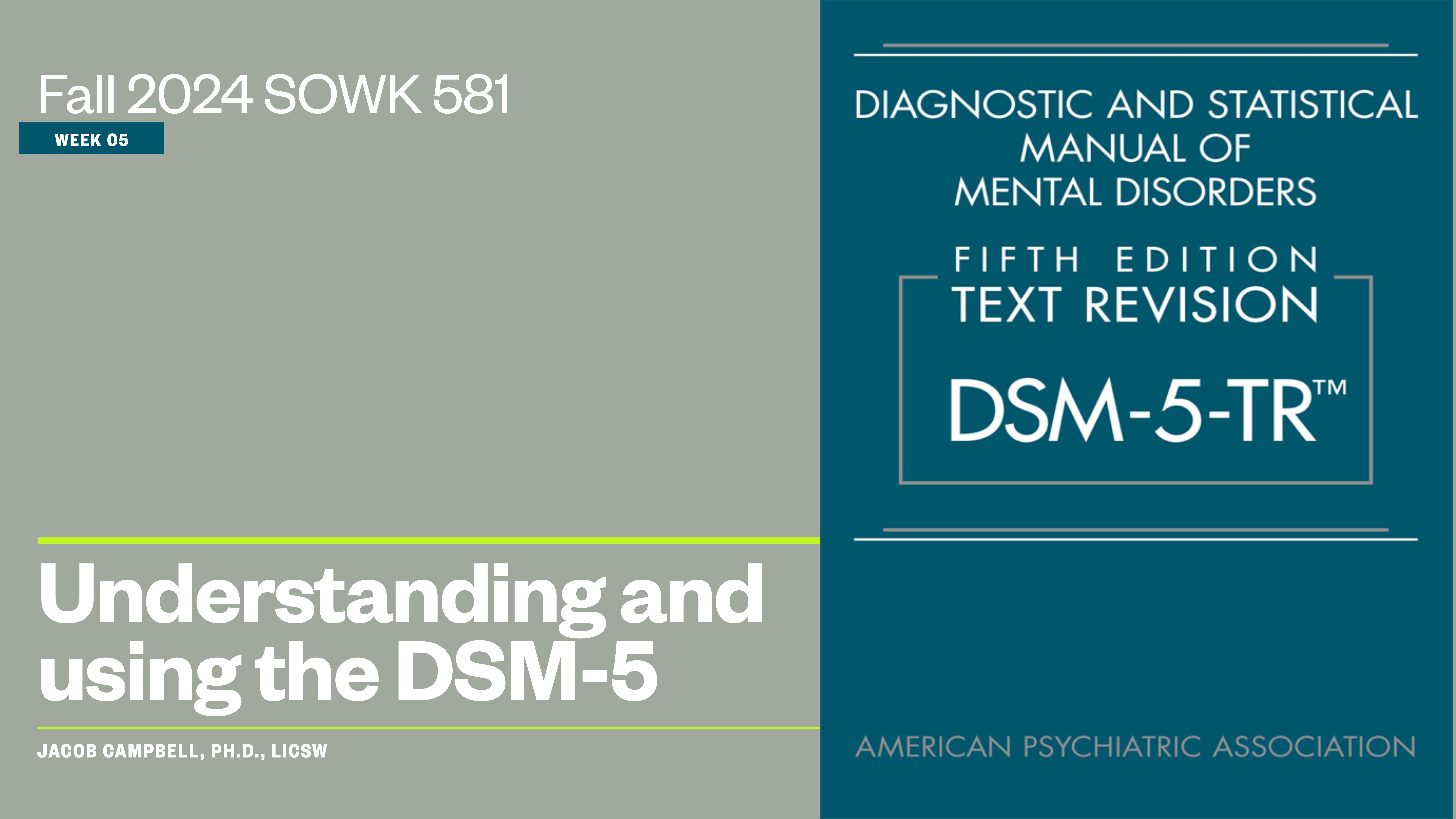 Slide shows text divided into two sections. Left: 'Fall 2024 SOWK 581, WEEK 05, Understanding and using the DSM-5, Jacob Campbell, Ph.D., LICSW.' Right: 'DIAGNOSTIC AND STATISTICAL MANUAL OF MENTAL DISORDERS, FIFTH EDITION TEXT REVISION, DSM-5-TR™, AMERICAN PSYCHIATRIC ASSOCIATION.'