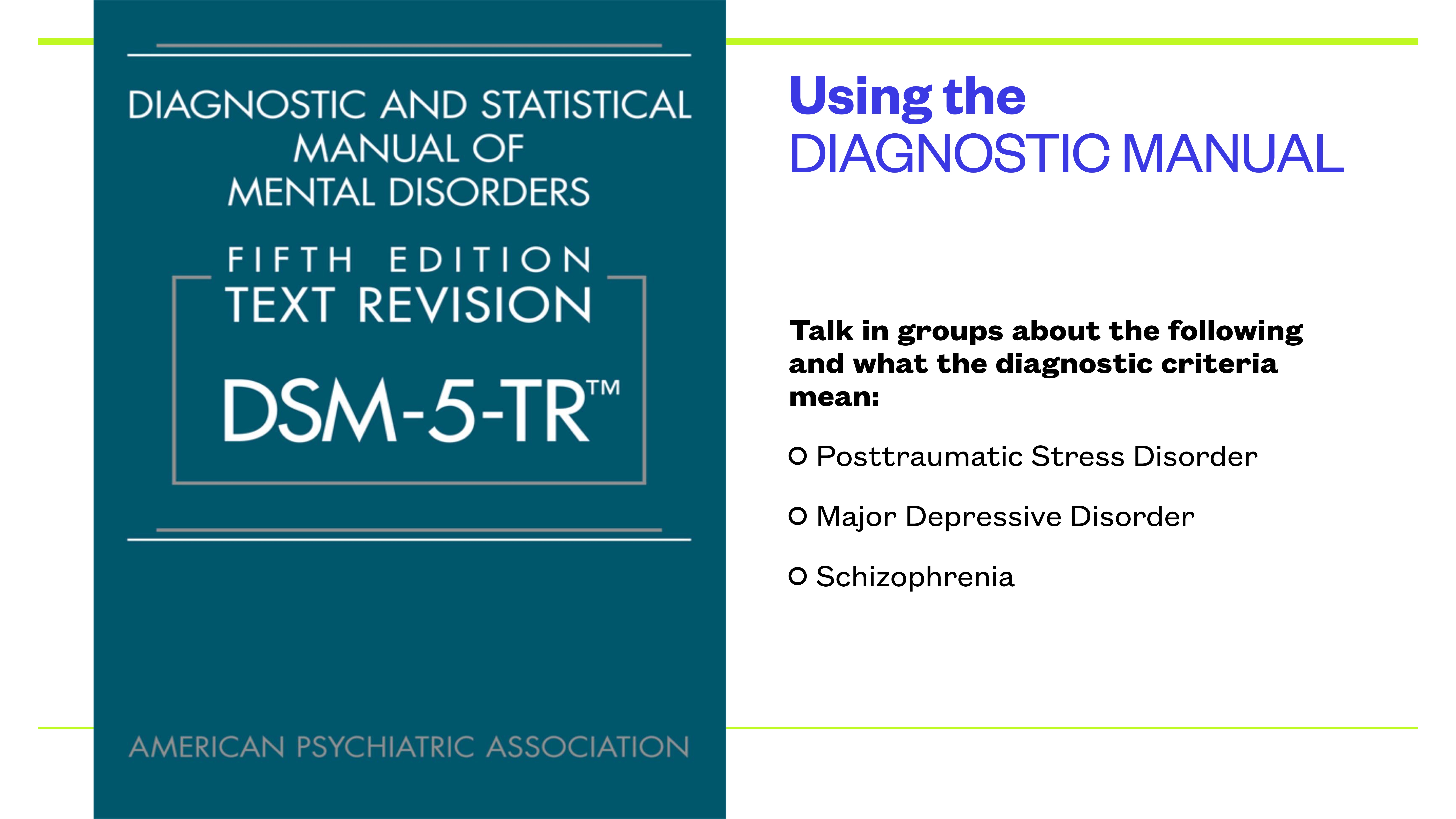 The slide features a DSM-5-TR book cover next to text encouraging group discussions about diagnostic criteria for Posttraumatic Stress Disorder, Major Depressive Disorder, and Schizophrenia.