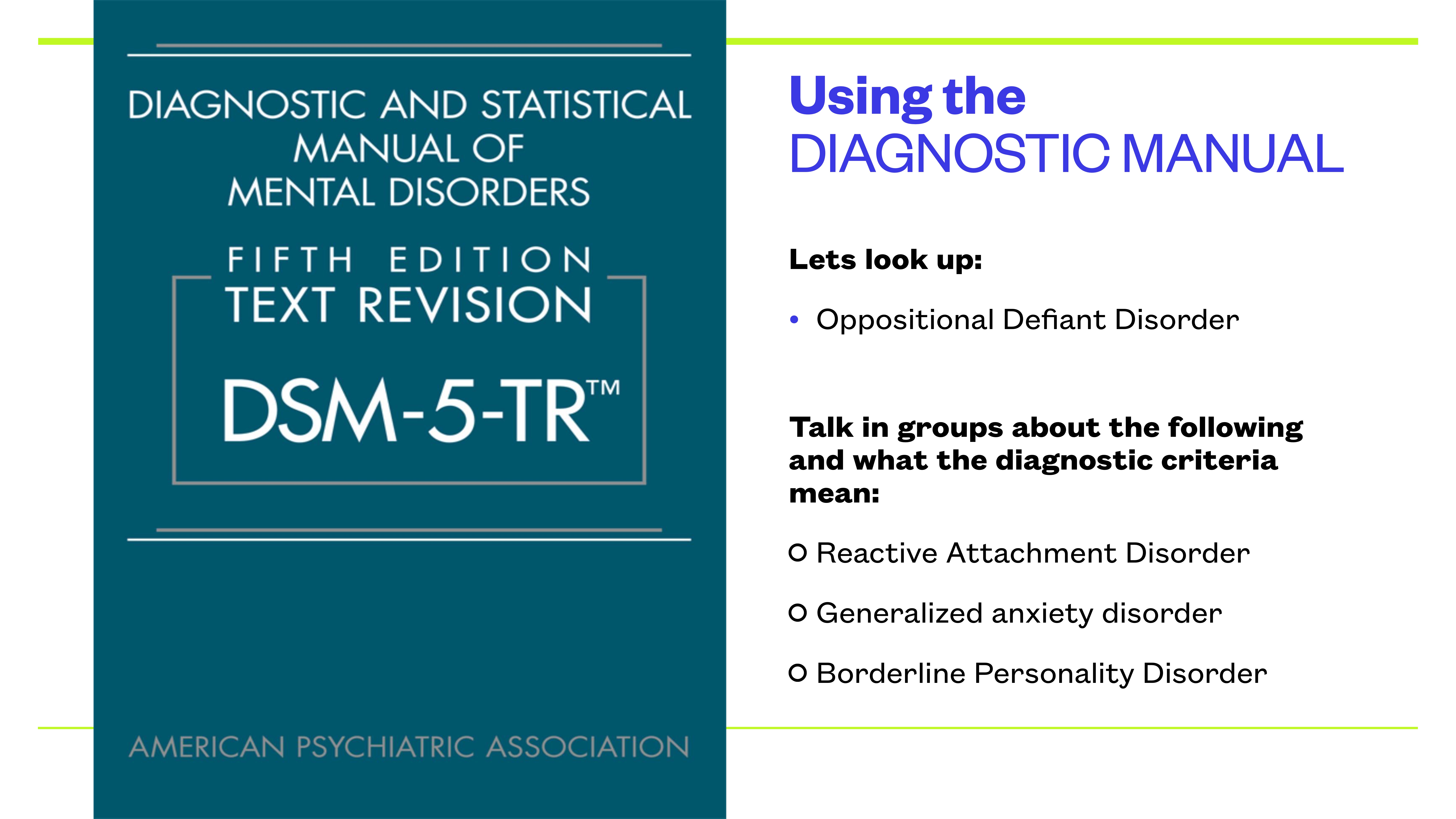 The image is a presentation slide featuring the DSM-5-TR cover and text. The slide lists psychiatric disorders including Oppositional Defiant Disorder, Reactive Attachment Disorder, Generalized Anxiety Disorder, and Borderline Personality Disorder.