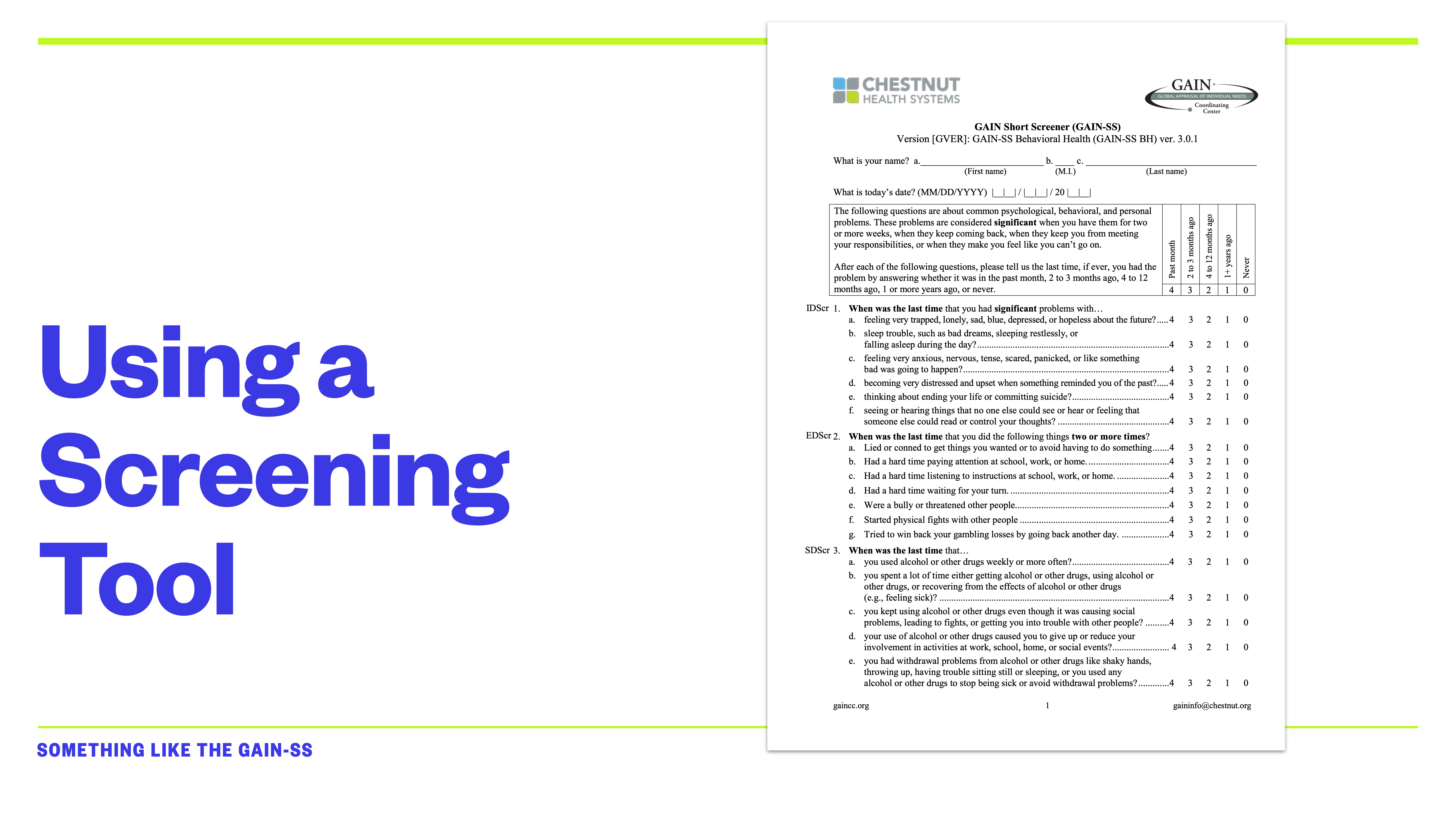 A slide displays the text 'Using a Screening Tool' on the left. On the right, there is a questionnaire titled 'GAIN Short Screener' with a series of questions and checkboxes.