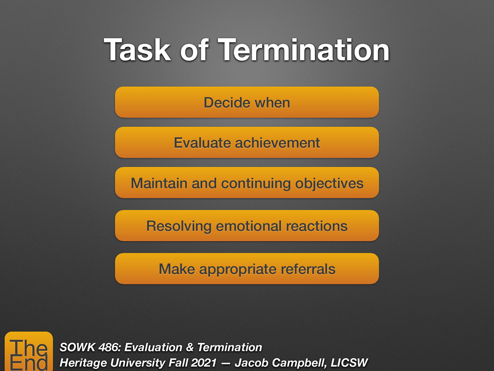 Task of Termination Decide when Evaluate achievement Maintain and continuing objectives Resolving emotional reactions Make appropriate referrals The End SOWK 486: Evaluation & Termination Heritage University Fall 2021 — Jacob Campbell, LICSW
