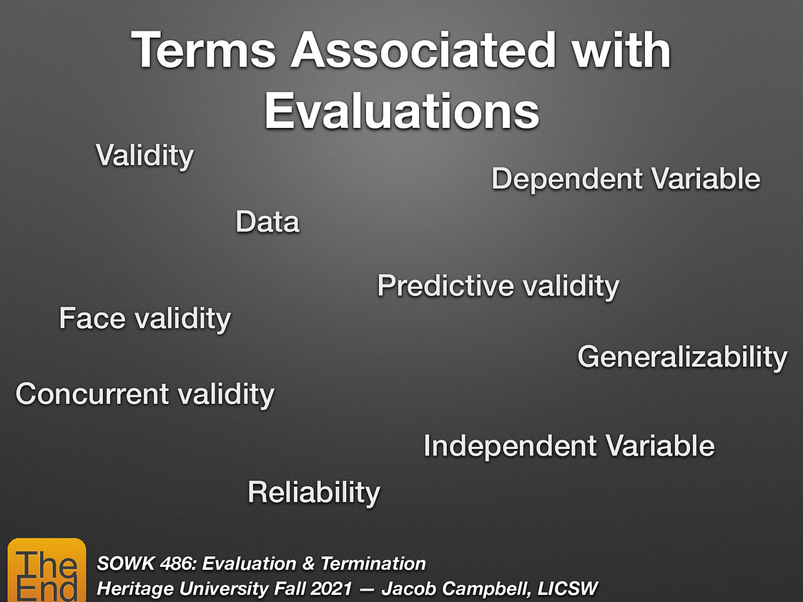 Terms Associated with Evaluations Validity Dependent Variable Data Predictive validity Face validity Generalizability Concurrent validity Independent Variable Reliability The End SOWK 486: Evaluation & Termination Heritage University Fall 2021 — Jacob Campbell, LICSW
