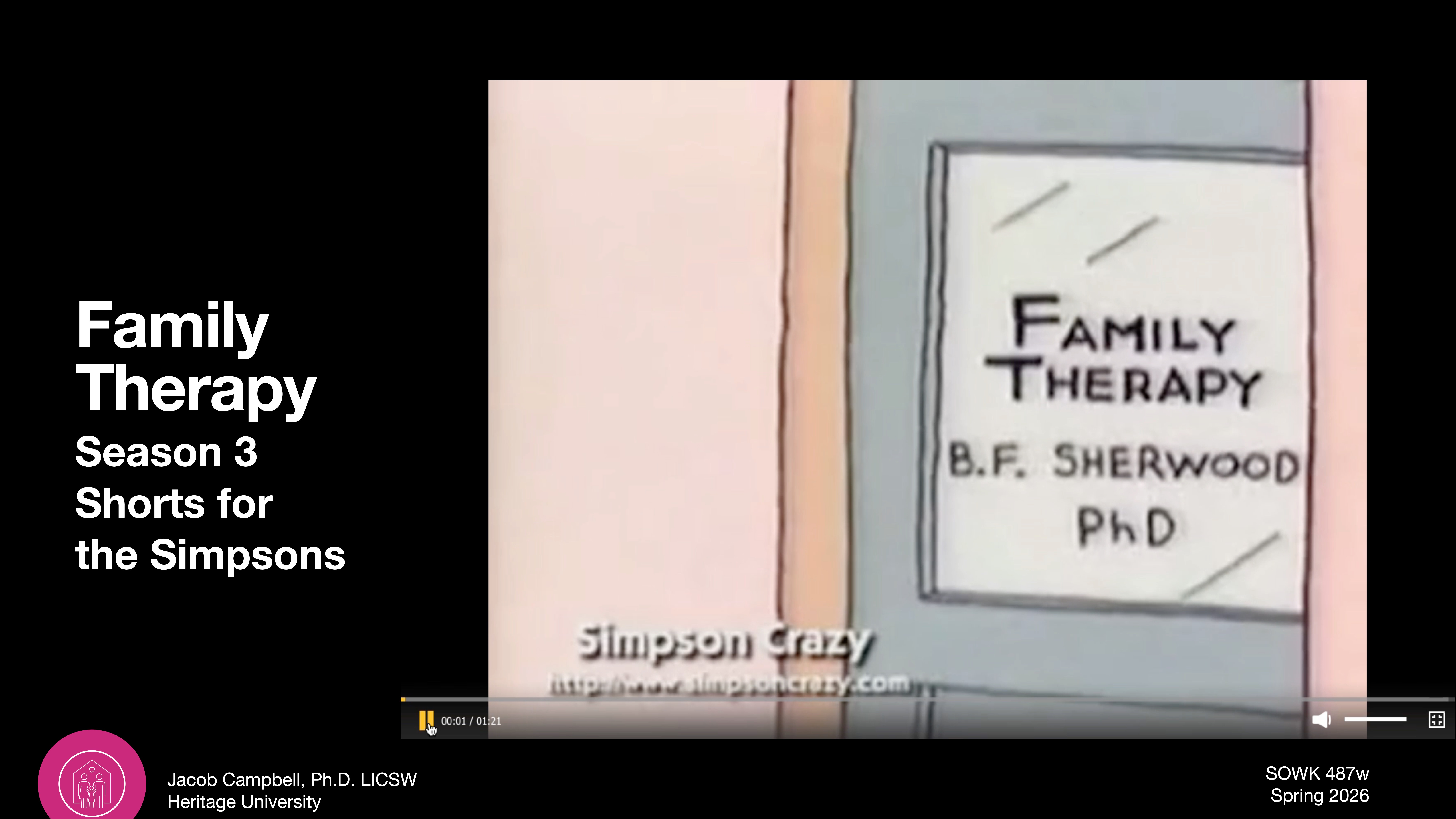 A slide featuring an image of a door labeled 'Family Therapy, B.F. Sherwood, PhD' and text stating: 'Family Therapy Season 3 Shorts for the Simpsons.' It includes a logo and copyright 'Simpson Crazy' with Jacob Campbell, Ph.D., LCSW, Heritage University, SOWK 487w, Spring 2026.