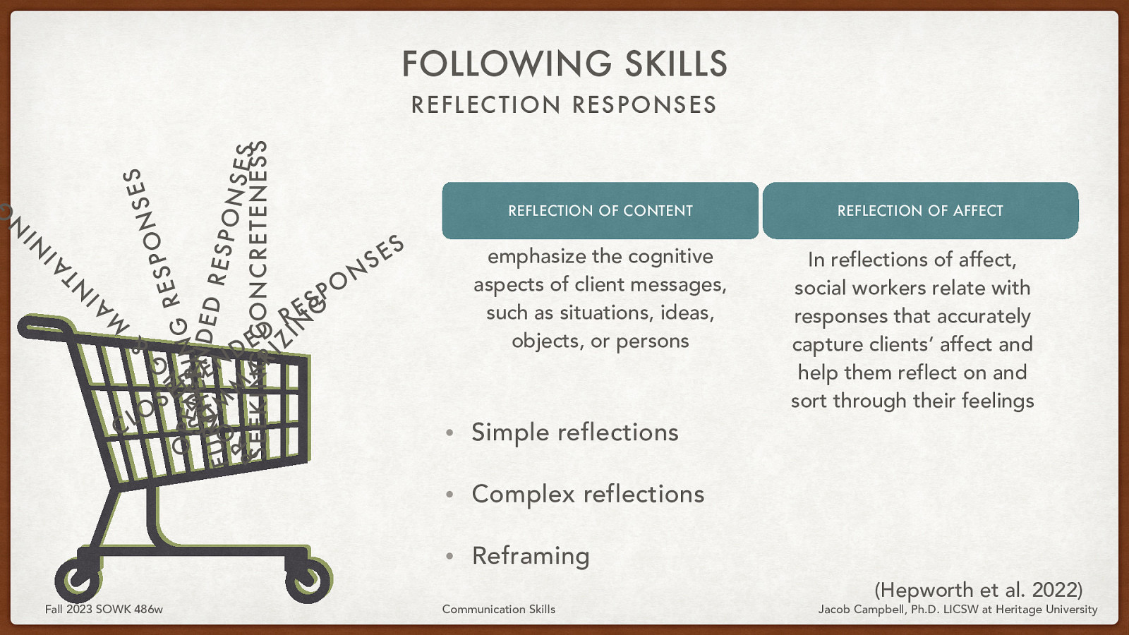 FOLLOWING SKILLS & M A IN A T IN IN G S E S N O P G S E R O SP E N I N I N G ERN D D E UT H I E D R M V RESP FU O M ONS E R S A P SEEKING R I CONCRETENESS Z IN G REFLECTION RESPONSES O L C S Fall 2023 SOWK 486w D E N E - D E D R S E REFLECTION OF CONTENT O P N S S E emphasize the cognitive aspects of client messages, such as situations, ideas, objects, or persons • Simple reflections • Complex reflections • Reframing Communication Skills REFLECTION OF AFFECT In reflections of affect, social workers relate with responses that accurately capture clients’ affect and help them reflect on and sort through their feelings (Hepworth et al. 2022) Jacob Campbell, Ph.D. LICSW at Heritage University
