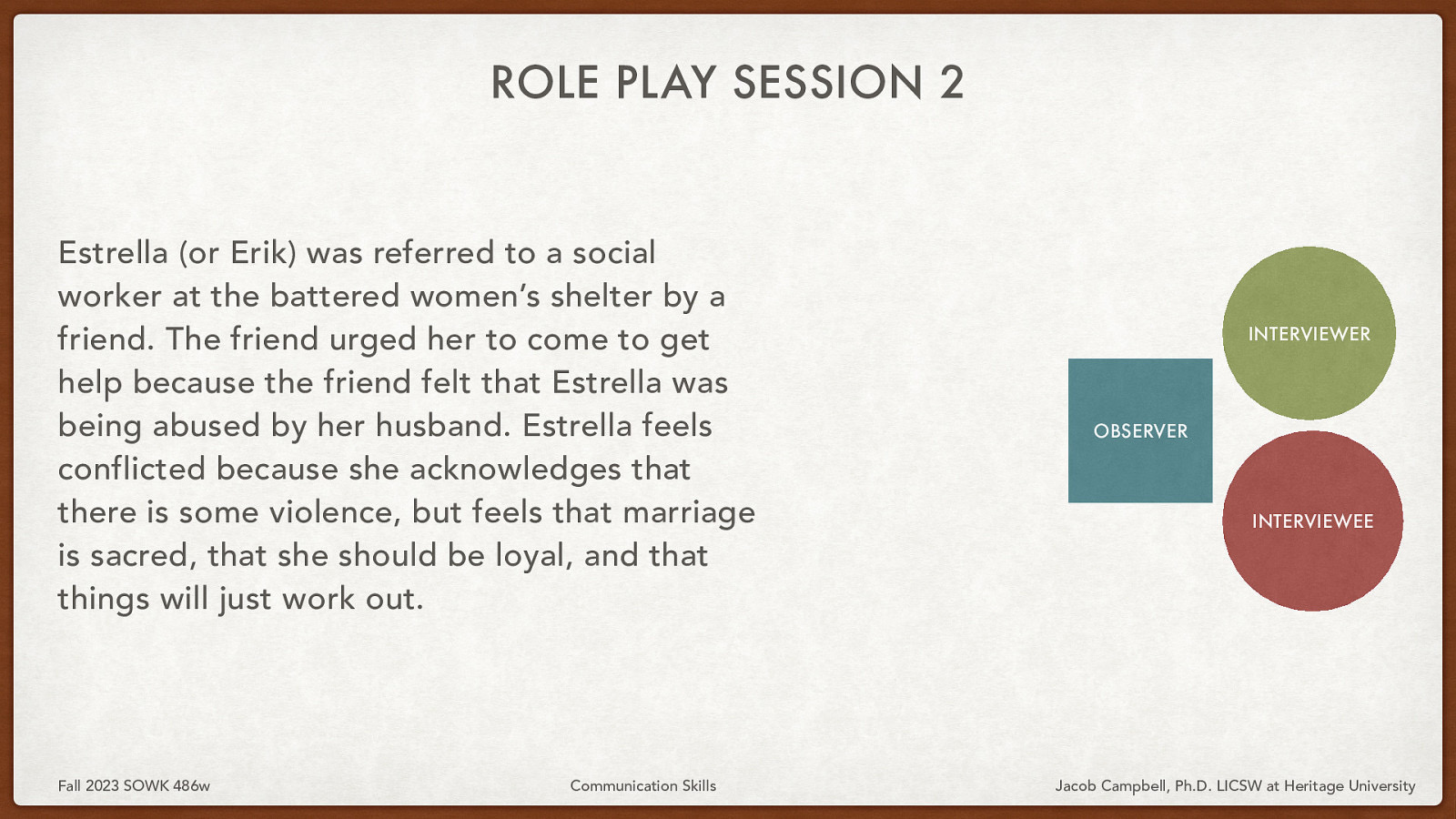 ROLE PLAY SESSION 2 Estrella (or Erik) was referred to a social worker at the battered women’s shelter by a friend. The friend urged her to come to get help because the friend felt that Estrella was being abused by her husband. Estrella feels conflicted because she acknowledges that there is some violence, but feels that marriage is sacred, that she should be loyal, and that things will just work out. Fall 2023 SOWK 486w Communication Skills INTERVIEWER OBSERVER INTERVIEWEE Jacob Campbell, Ph.D. LICSW at Heritage University
