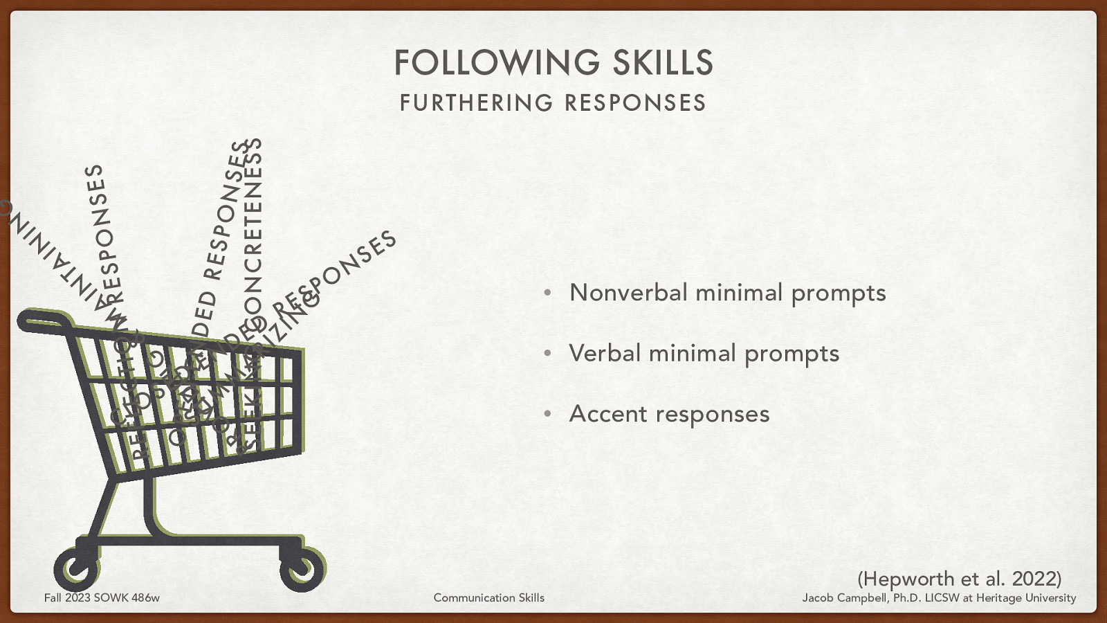 FOLLOWING SKILLS IN S E S N A ESPO R M N O I T C & REFLE G O SP E N I N U ID - E N D E D VM RESP ONS M O E R S A P SEEKING R I CONCRETENESS Z IN G A T IN IN G FURTHERING RESPONSES O L C SE Fall 2023 SOWK 486w D EN D E D R S E O P N S S E • Nonverbal minimal prompts • Verbal minimal prompts • Accent responses Communication Skills (Hepworth et al. 2022) Jacob Campbell, Ph.D. LICSW at Heritage University
