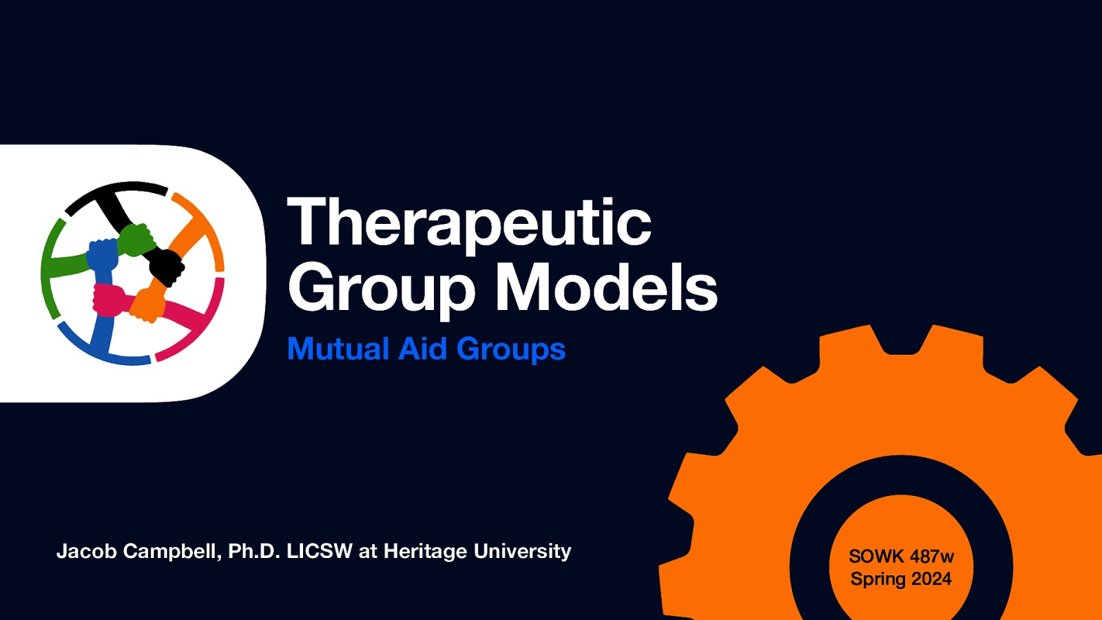 Therapeutic Group Models Mutual Aid Groups Jacob Campbell, Ph.D. LICSW at Heritage University SOWK 487w Spring 2024
