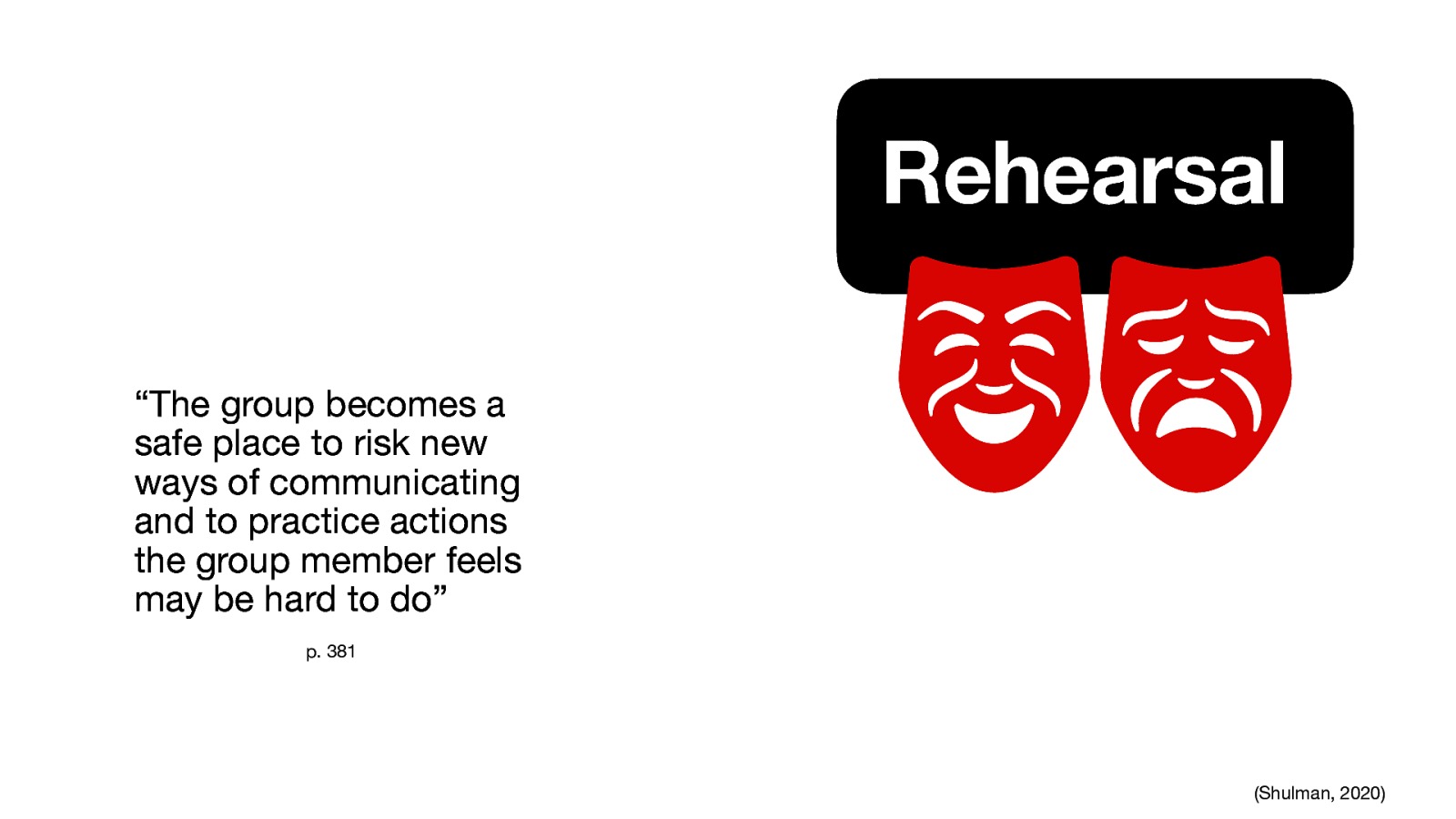 Rehearsal “The group becomes a safe place to risk new ways of communicating and to practice actions the group member feels may be hard to do” p. 381 (Shulman, 2020)
