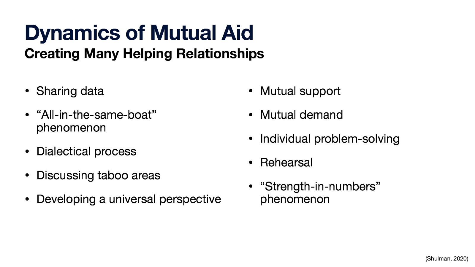 Dynamics of Mutual Aid Creating Many Helping Relationships • Sharing data • Mutual support • “All-in-the-same-boat” • Mutual demand phenomenon • Dialectical process • Discussing taboo areas • Developing a universal perspective • Individual problem-solving • Rehearsal • “Strength-in-numbers” phenomenon (Shulman, 2020)
