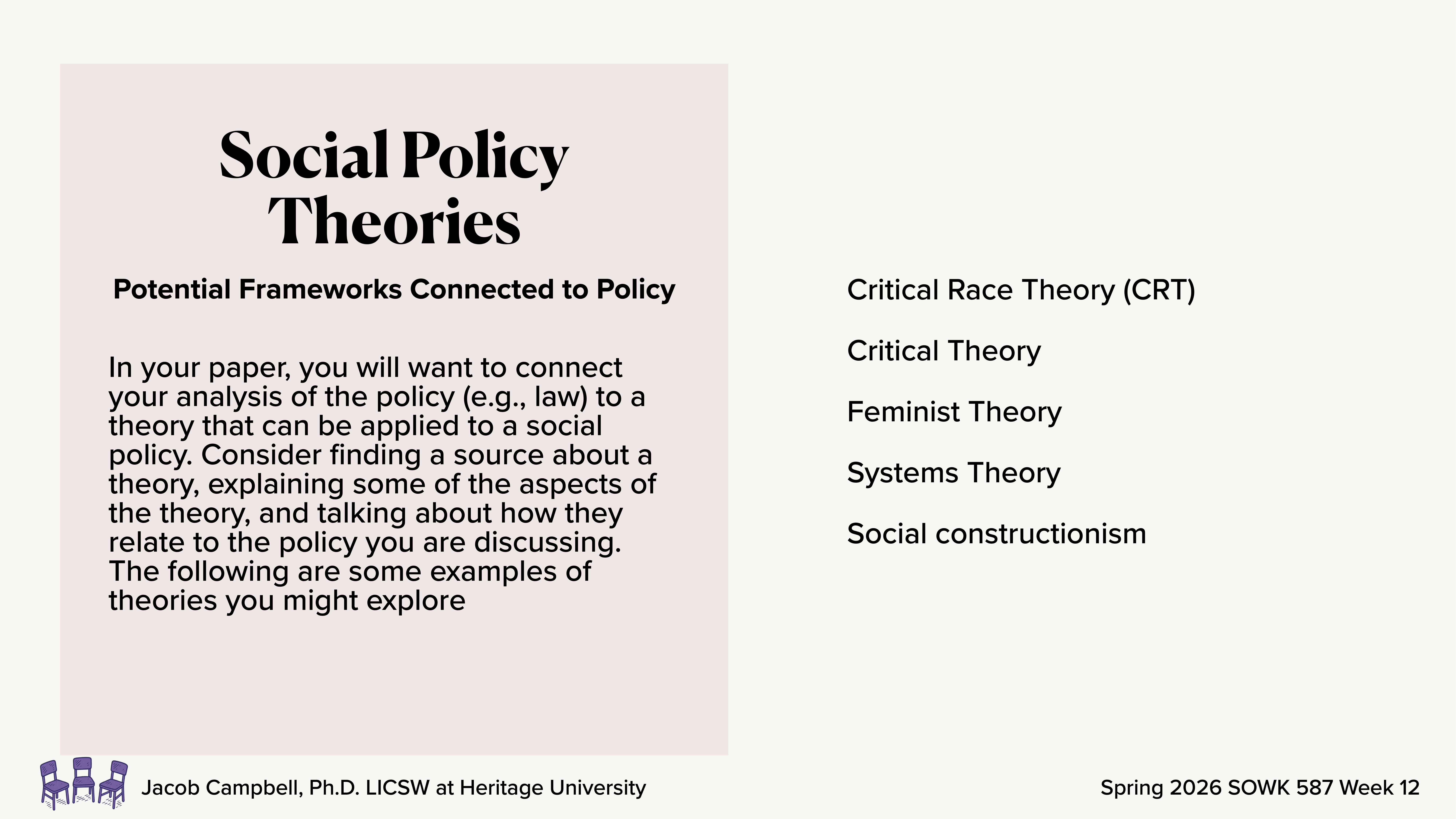 Slide features the title 'Social Policy Theories,' lists frameworks like Critical Race Theory and Feminist Theory, and discusses connecting policy analysis to theories. The bottom credits Jacob Campbell, Ph.D., and notes 'Spring 2026 SOWK 587 Week 12.'